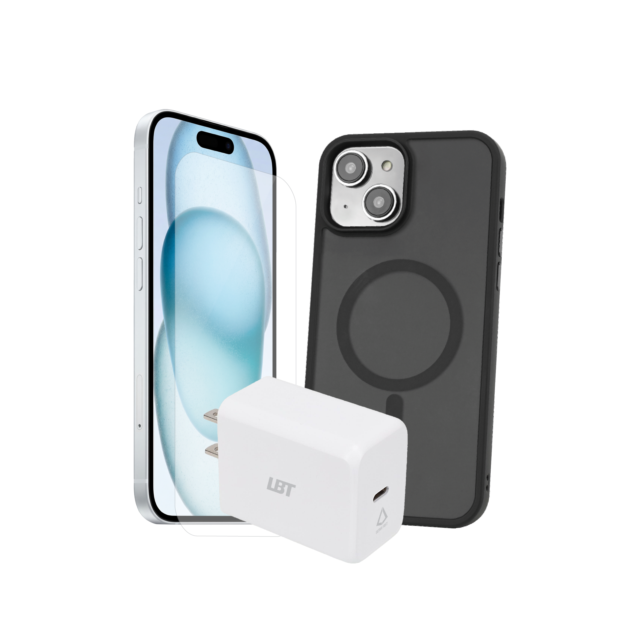 iPhone 15 3-in-1 Bundle - GlideGuard Case, Tempered Glass, 30W2 PD Charger