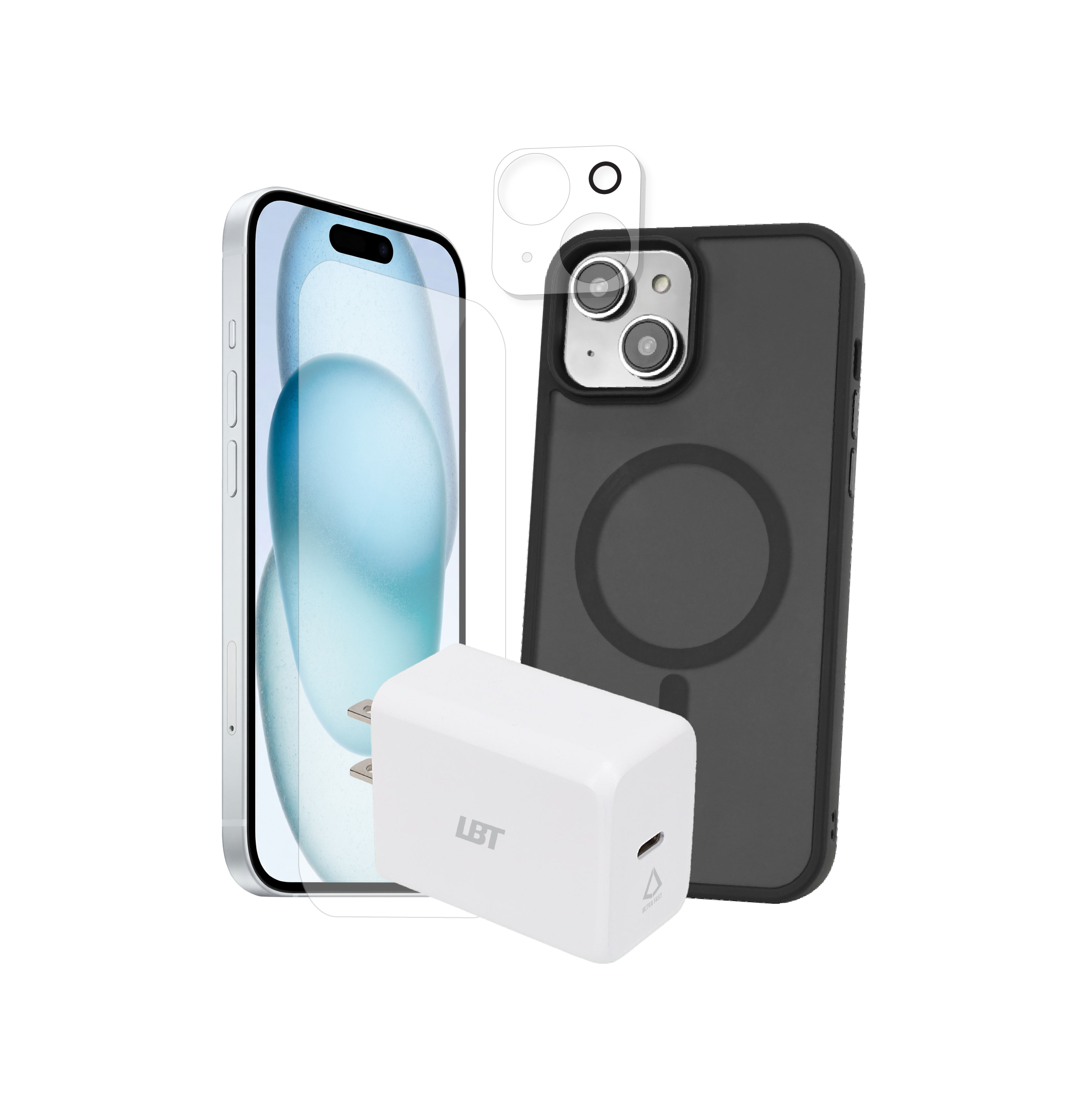 iPhone 15 4-in-1 Bundle - GlideGuard Case, Tempered Glass, Camera Guard, 30W2 PD Charger