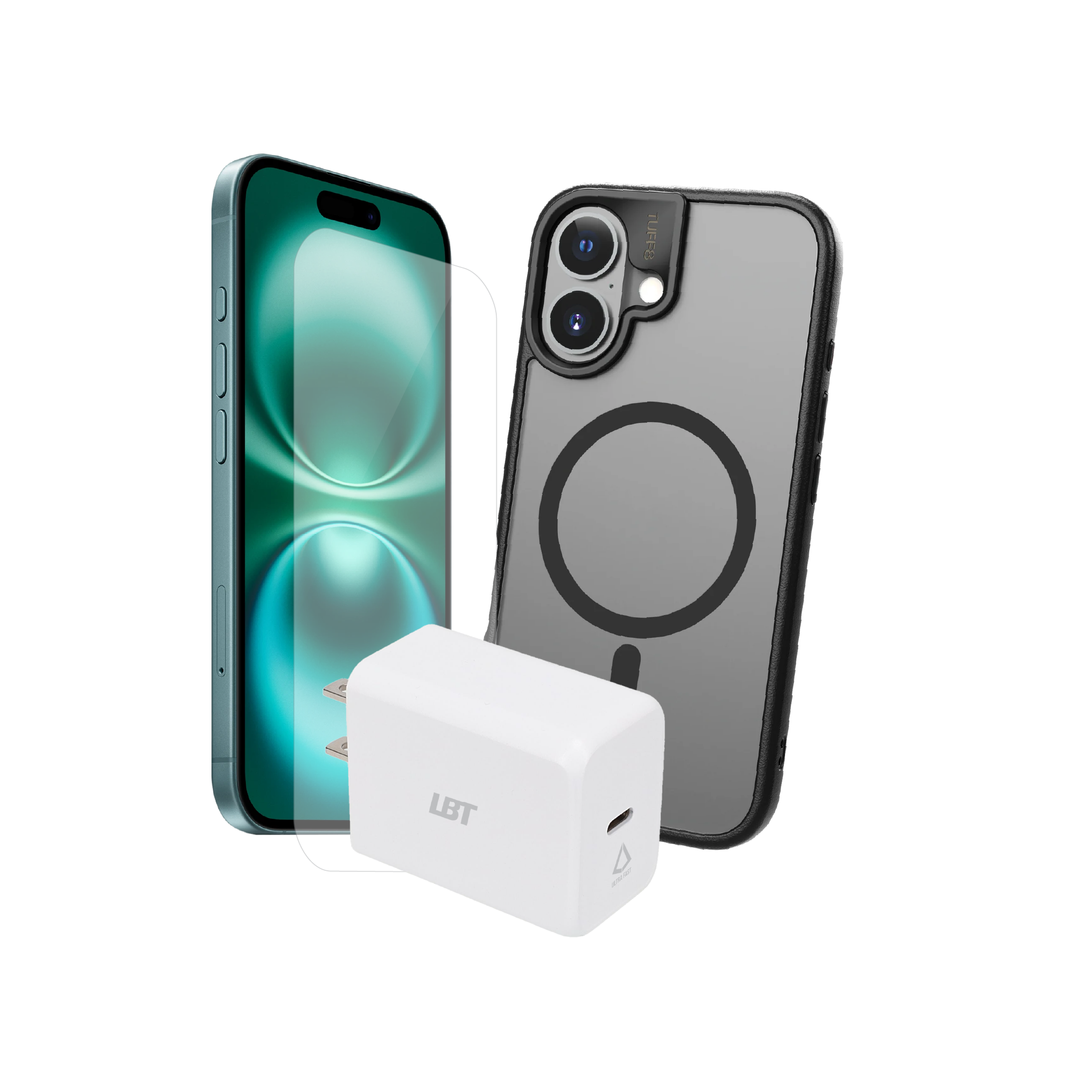 Pack 3-en-1 pour iPhone 16 : coque GlideGuard, verre trempé, chargeur 30 W