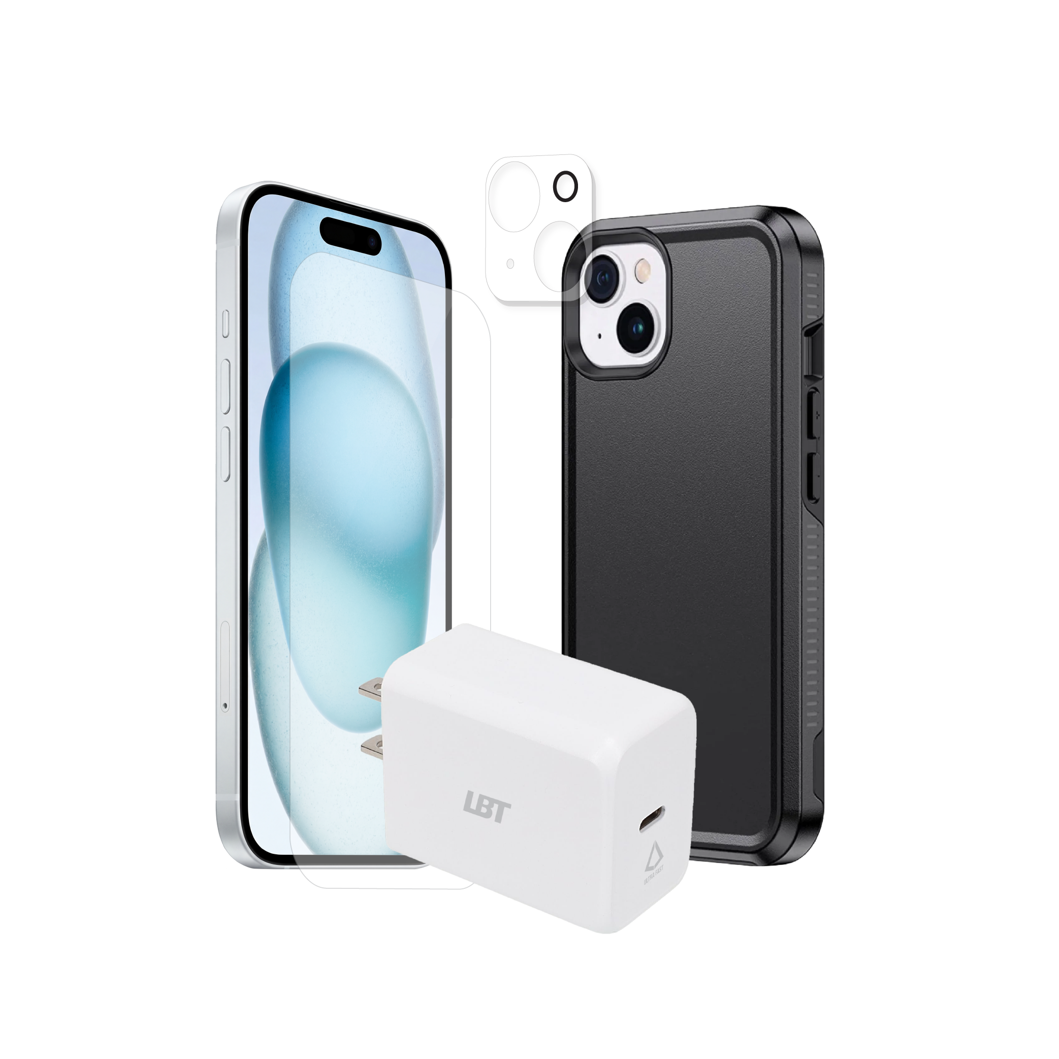 Pack 4-en-1 pour iPhone 15 : coque antichoc, verre trempé, protection d’objectif, chargeur PD 30 W