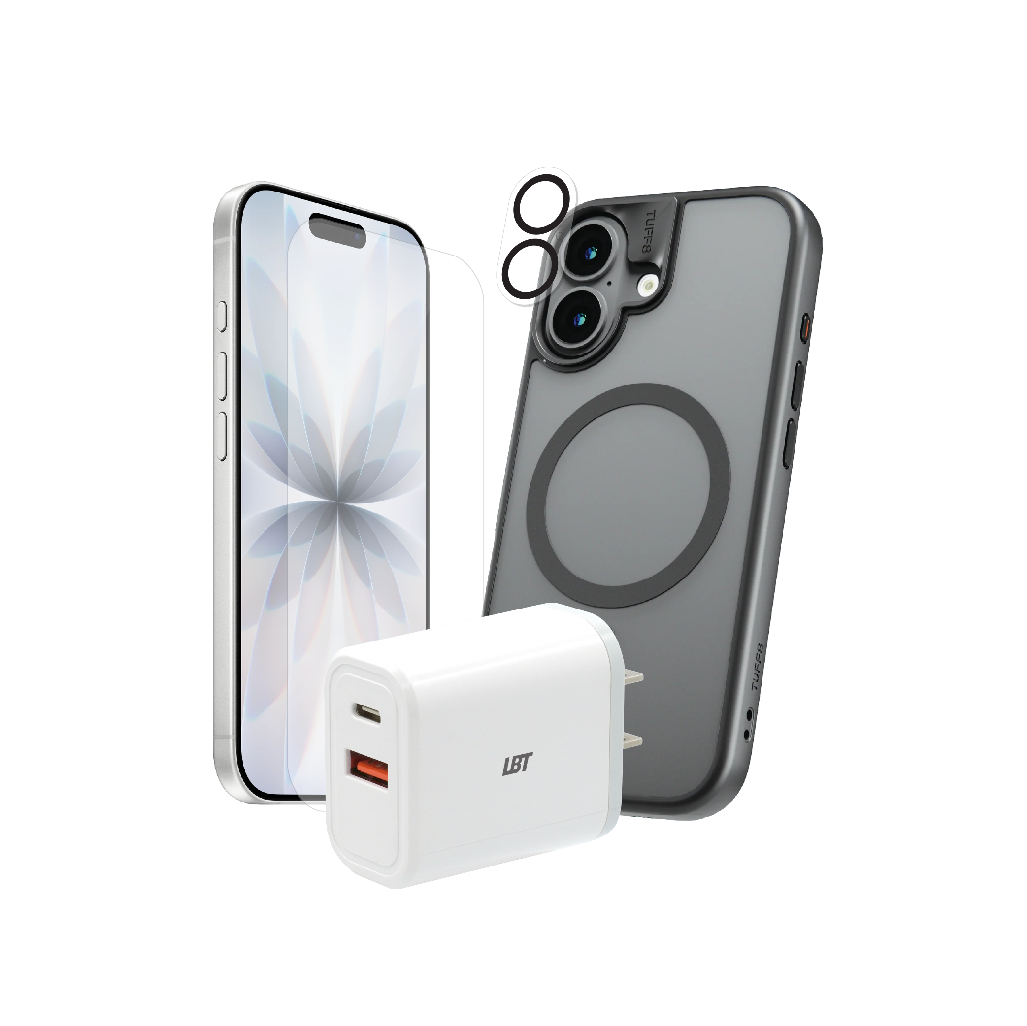 Pack 4-en-1 pour iPhone 17 : coque GlideGuard, verre trempé, protection d’objectif, chargeur PD 35 W