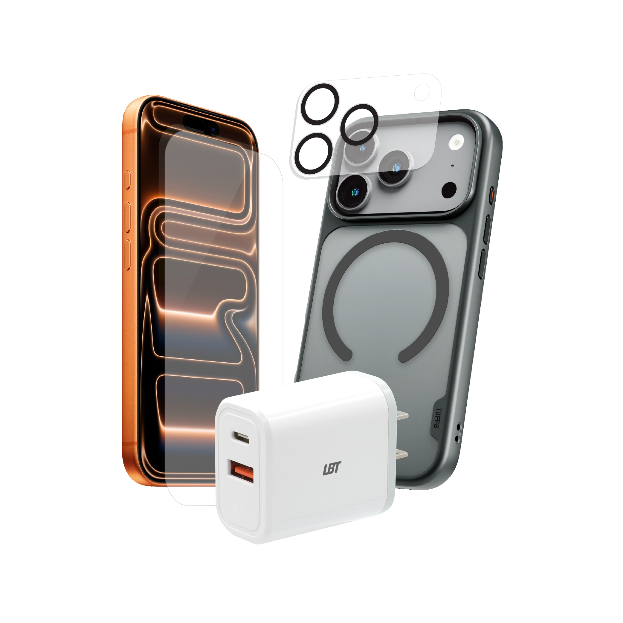 Pack 4-en-1 pour iPhone 17 Pro : coque GlideGuard, verre trempé, protection d’objectif, chargeur PD 35 W