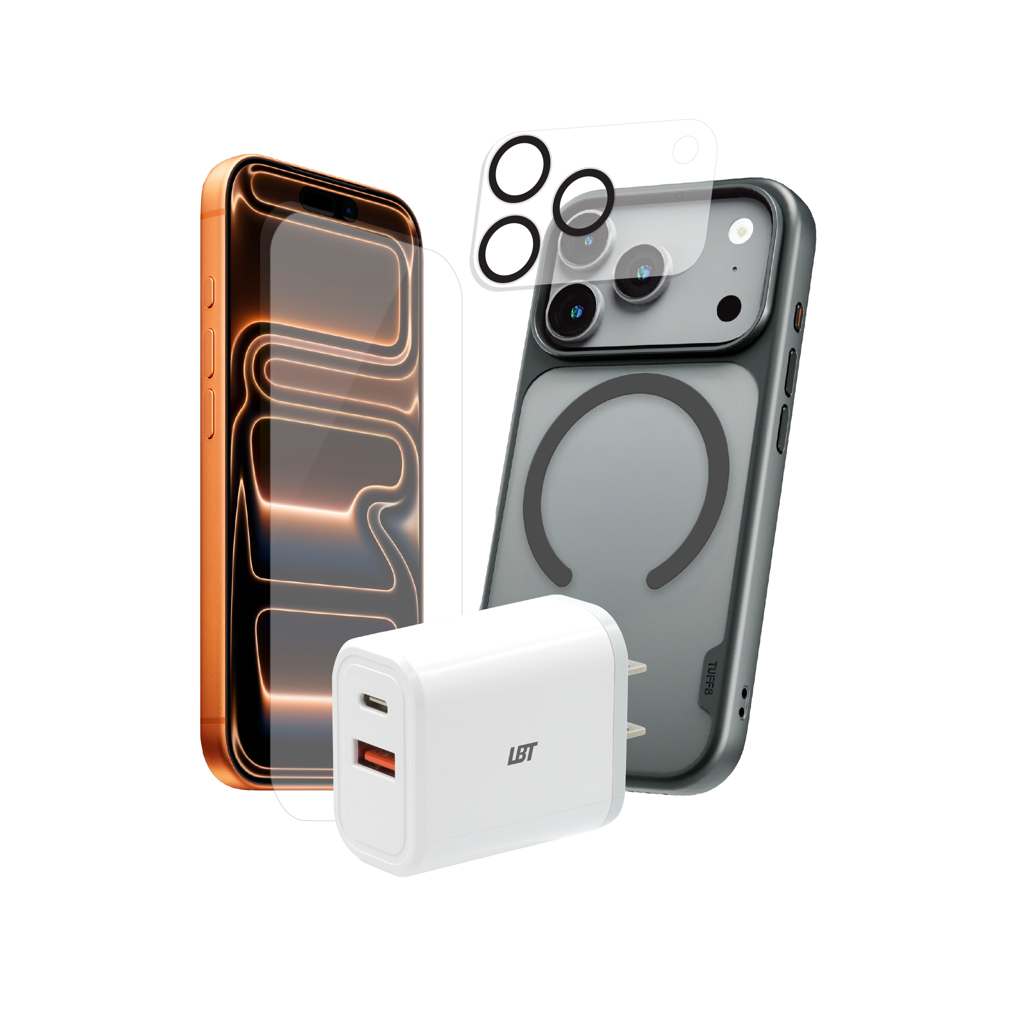 Pack 4-en-1 pour iPhone 17 Pro Max : coque GlideGuard, verre trempé, protection d’objectif, chargeur PD 35 W