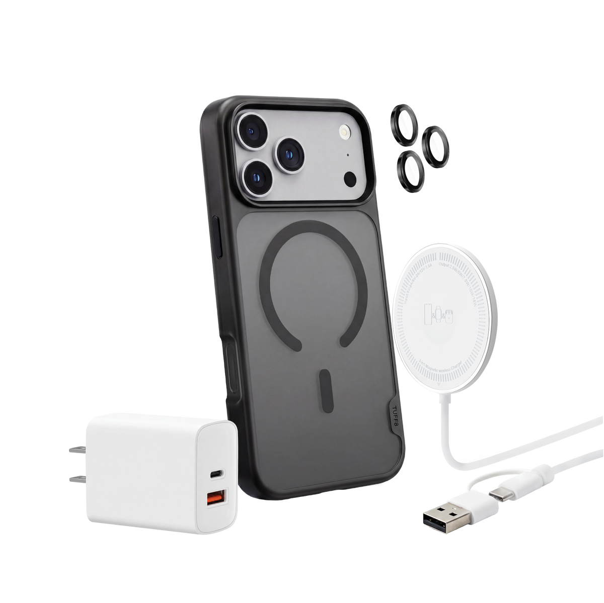 iPhone 18 Pro 4-in-1 Bundle - GlideGuard Case, Camera Guard, 45W PD Charger, Puck Charger