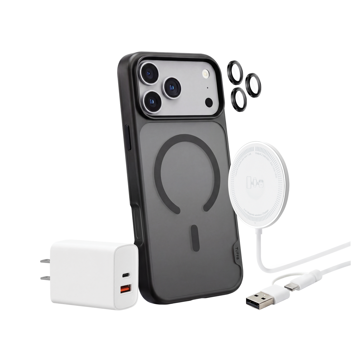 iPhone 18 Pro Max 4-in-1 Bundle - GlideGuard Case, Camera Guard, 45W PD Charger, Puck Charger