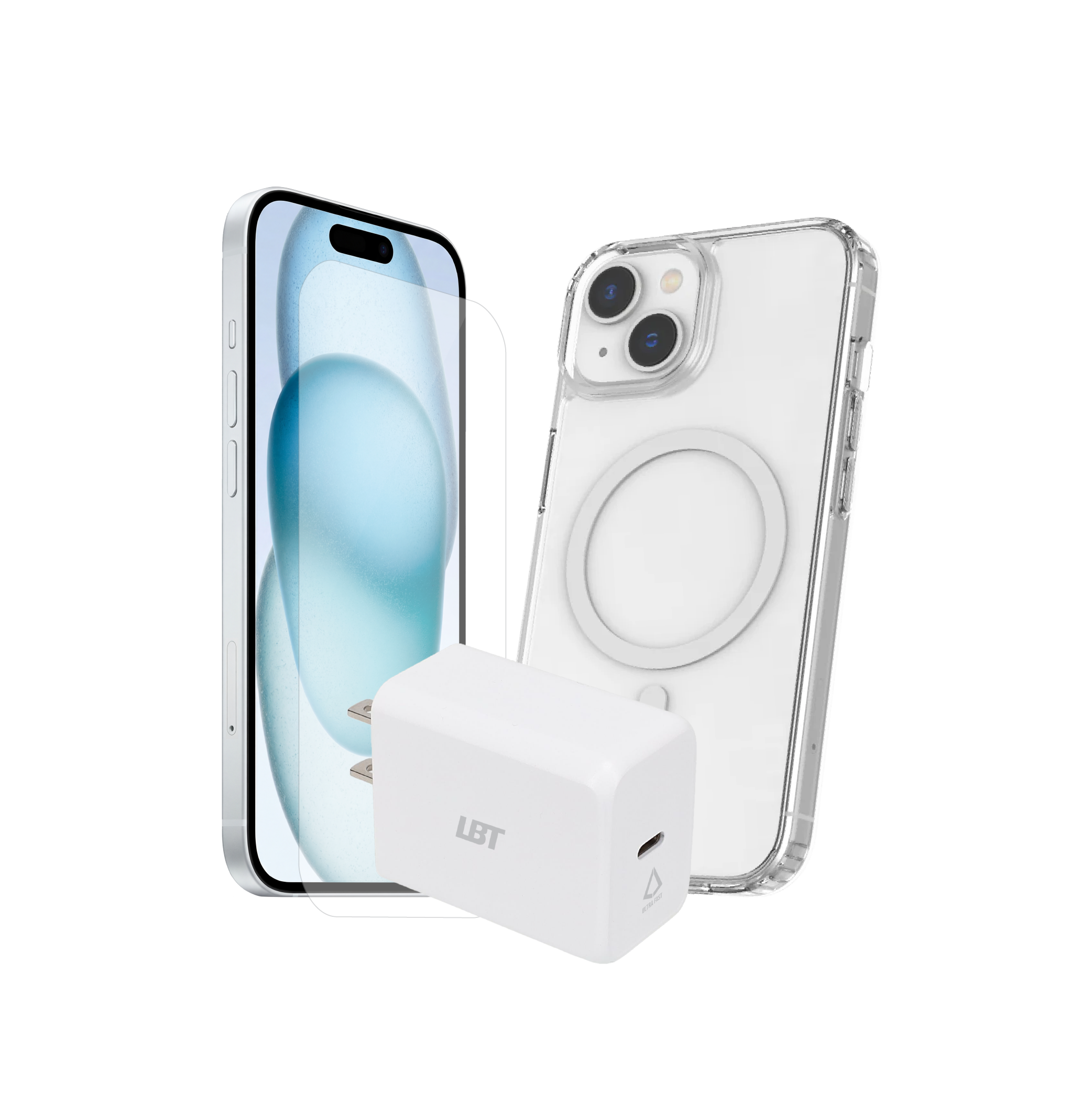 Pack 3-en-1 pour iPhone 15 : coque magnétique transparente, verre trempé, chargeur PD 30 W