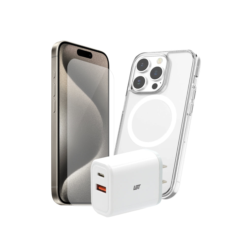 Pack 3-en-1 pour iPhone 15 Pro : coque magnétique, verre trempé, chargeur PD 30 W 