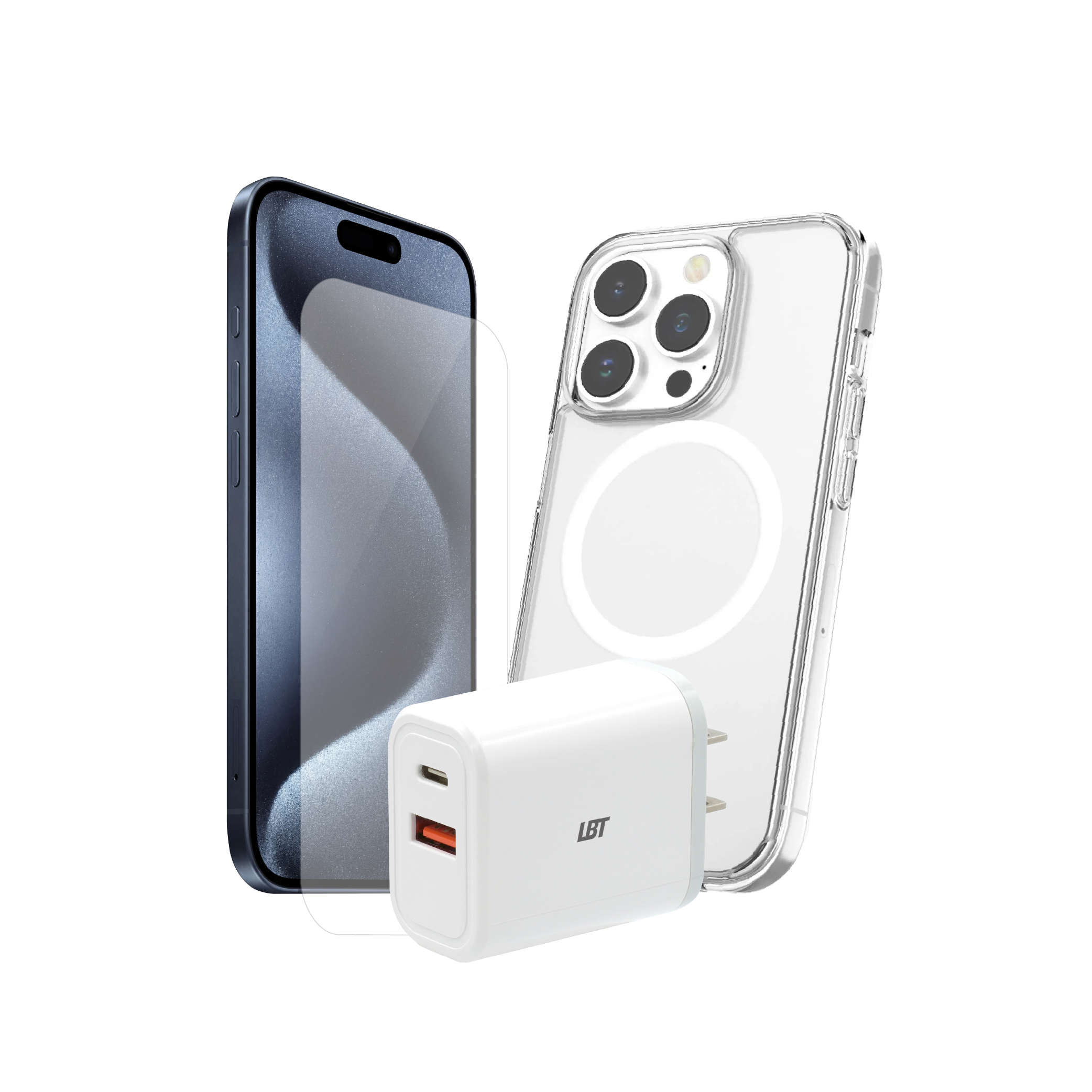 Pack 3-en-1 pour iPhone 15 Pro Max : coque magnétique, verre trempé, chargeur PD 30 W 