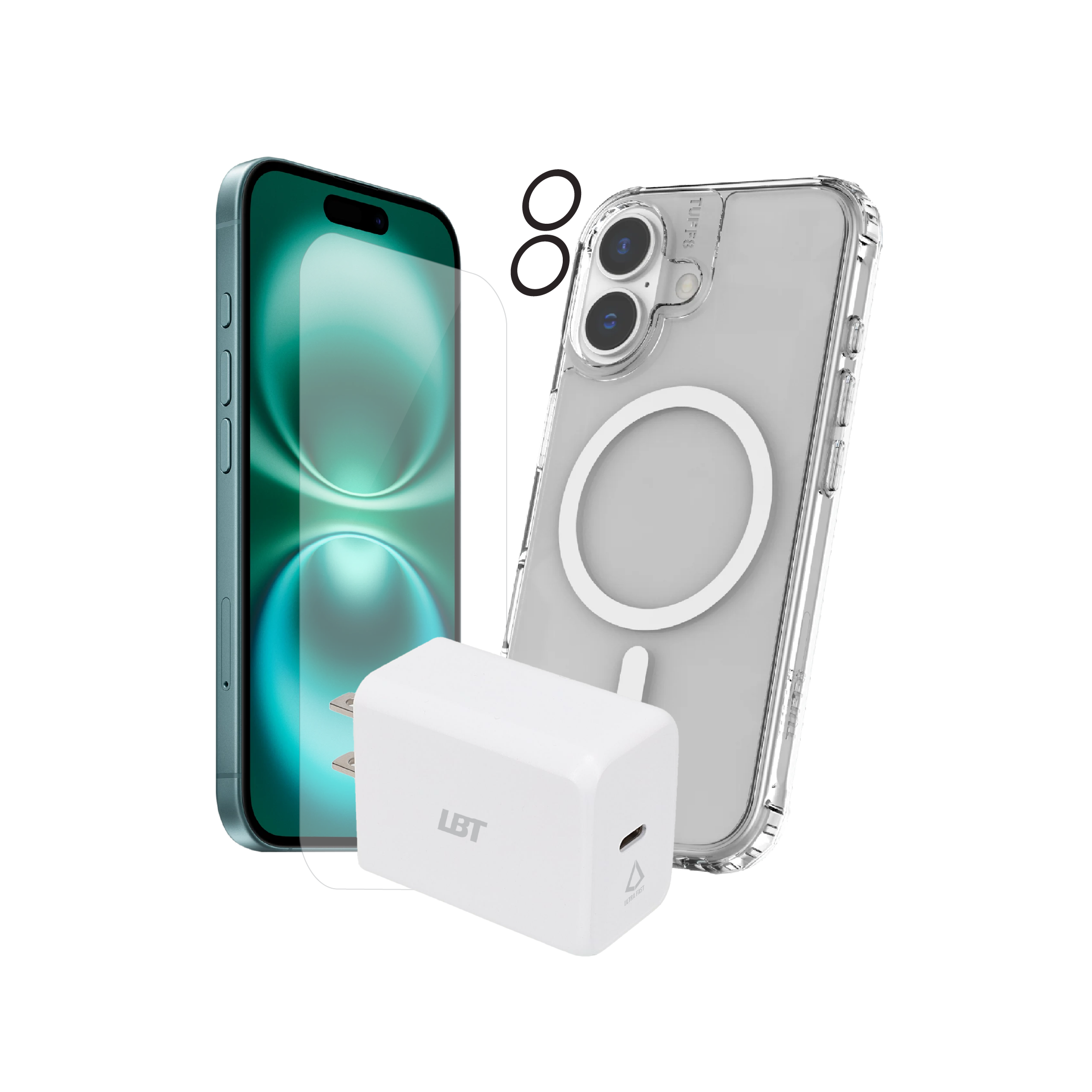Pack 3-en-1 pour iPhone 16 : coque magnétique transparente, verre trempé, chargeur PD 30 W