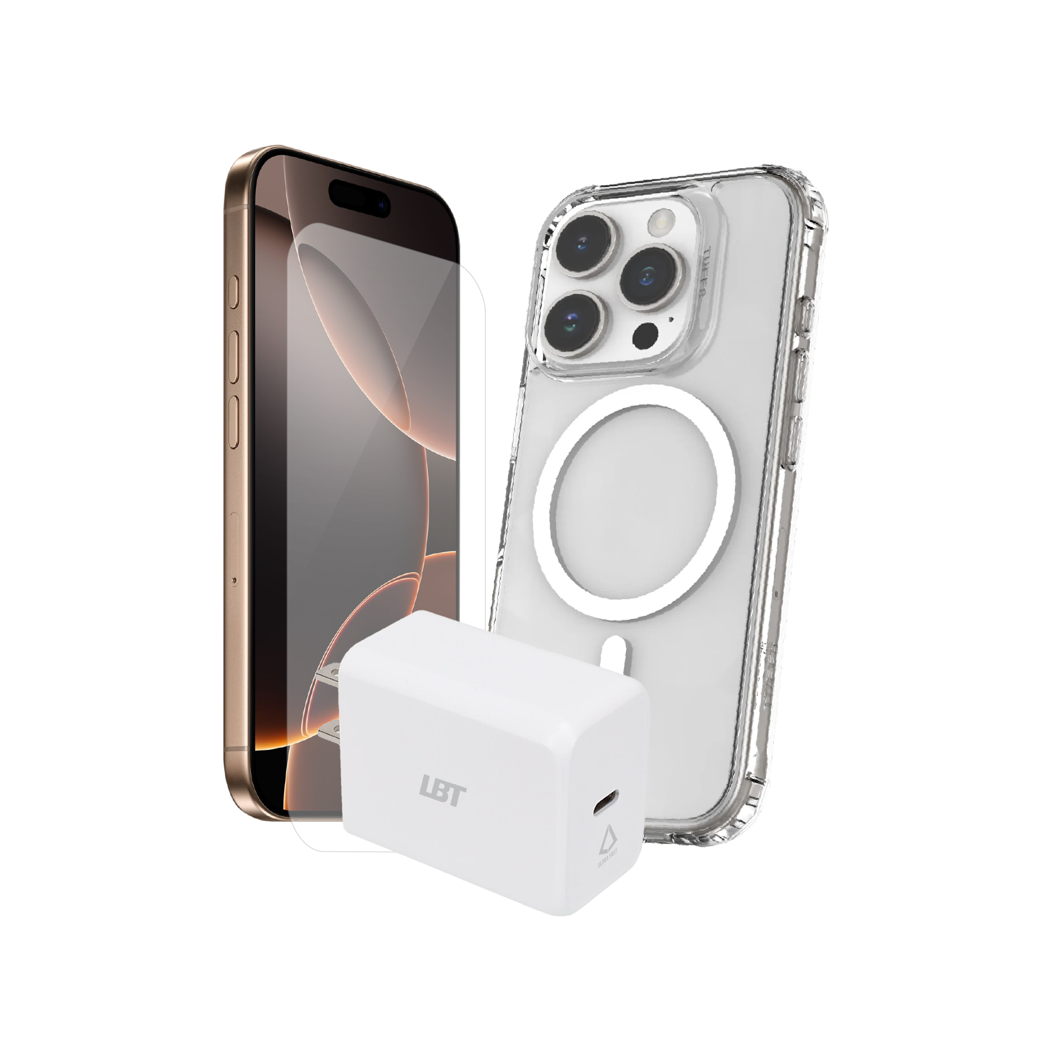 iPhone 16 Pro 3-in-1 Bundle - Clear Mag Case, Tempered Glass, 30W PD Charger