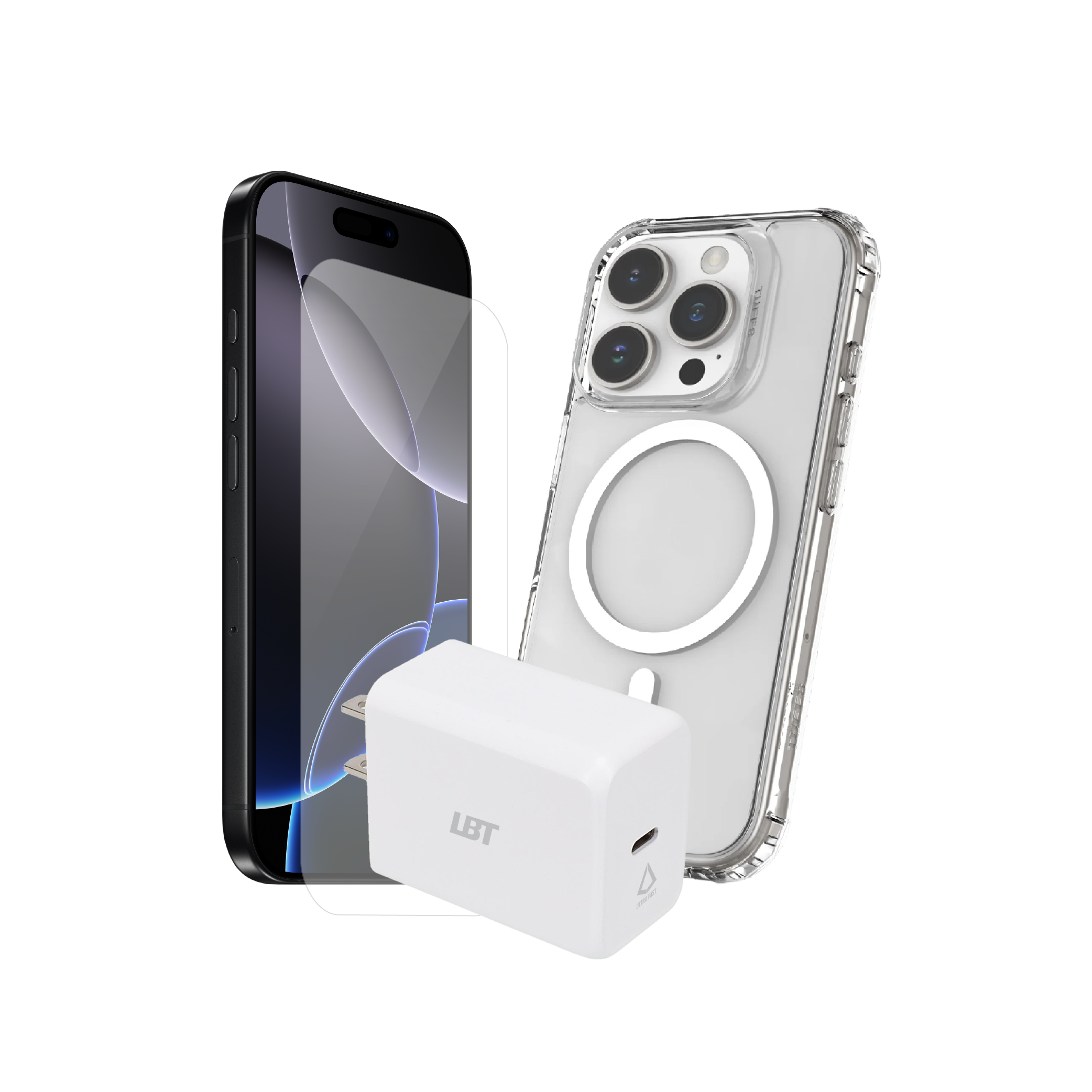 iPhone 16 Pro Max 3-in-1 Bundle - Clear Mag Case, Tempered Glass, 30W PD Charger
