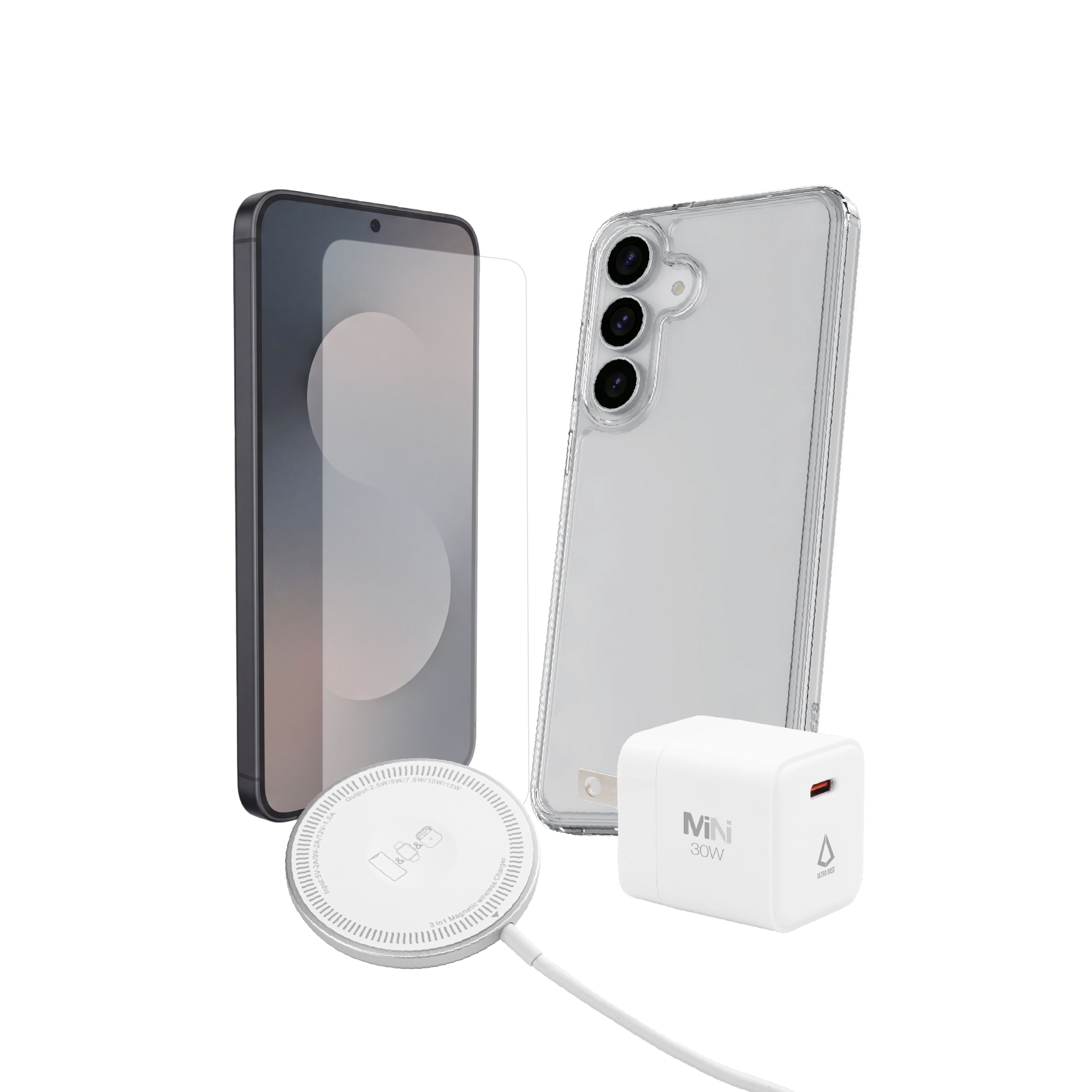 Samsung Galaxy S25 FE 3-in-1 Bundle - Clear Case, 30WS PD Charger, Qi2 Puck