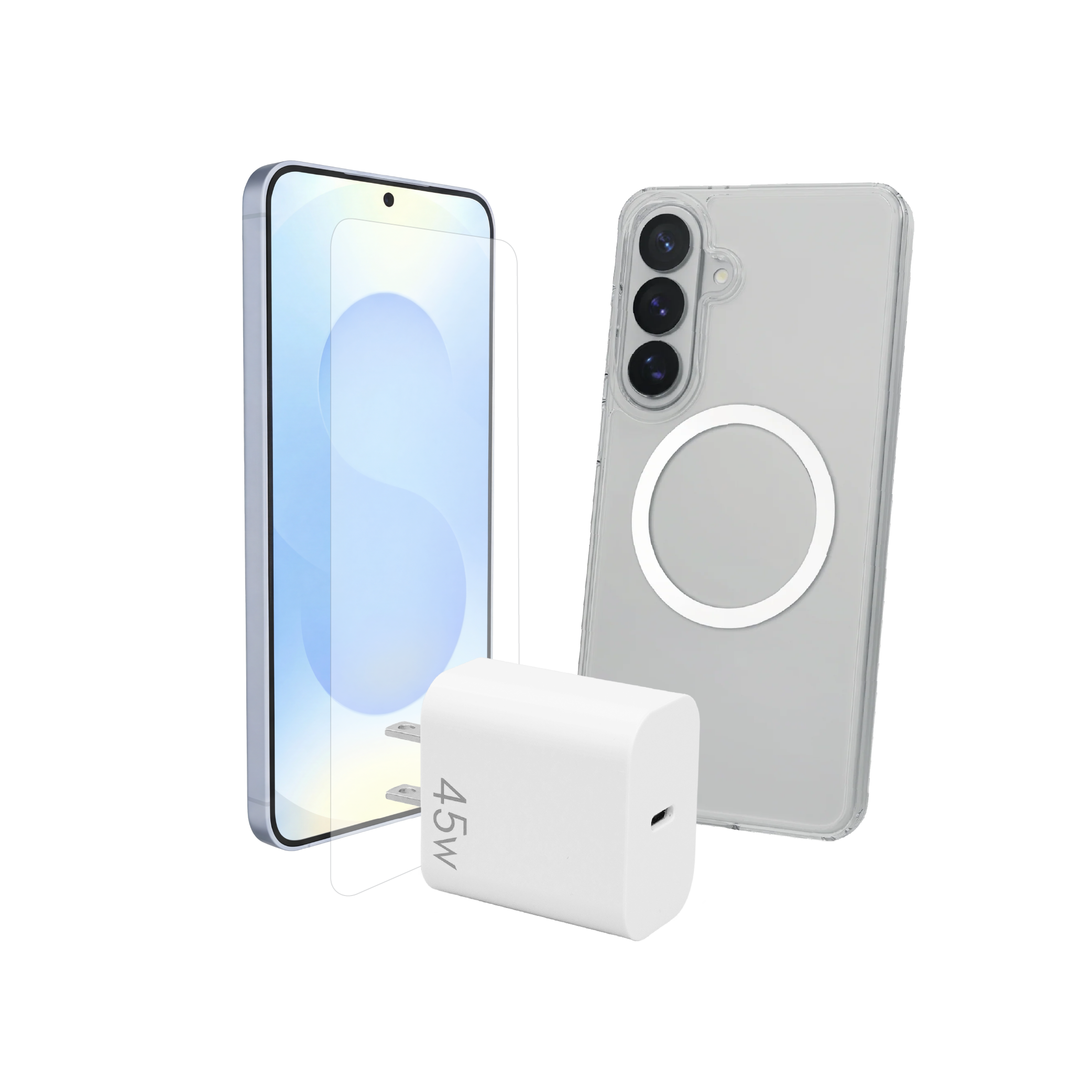 Samsung Galaxy S26+ 3-in-1 Bundle - Clear Mag Case, Tempered Glass, 45W PD Charger
