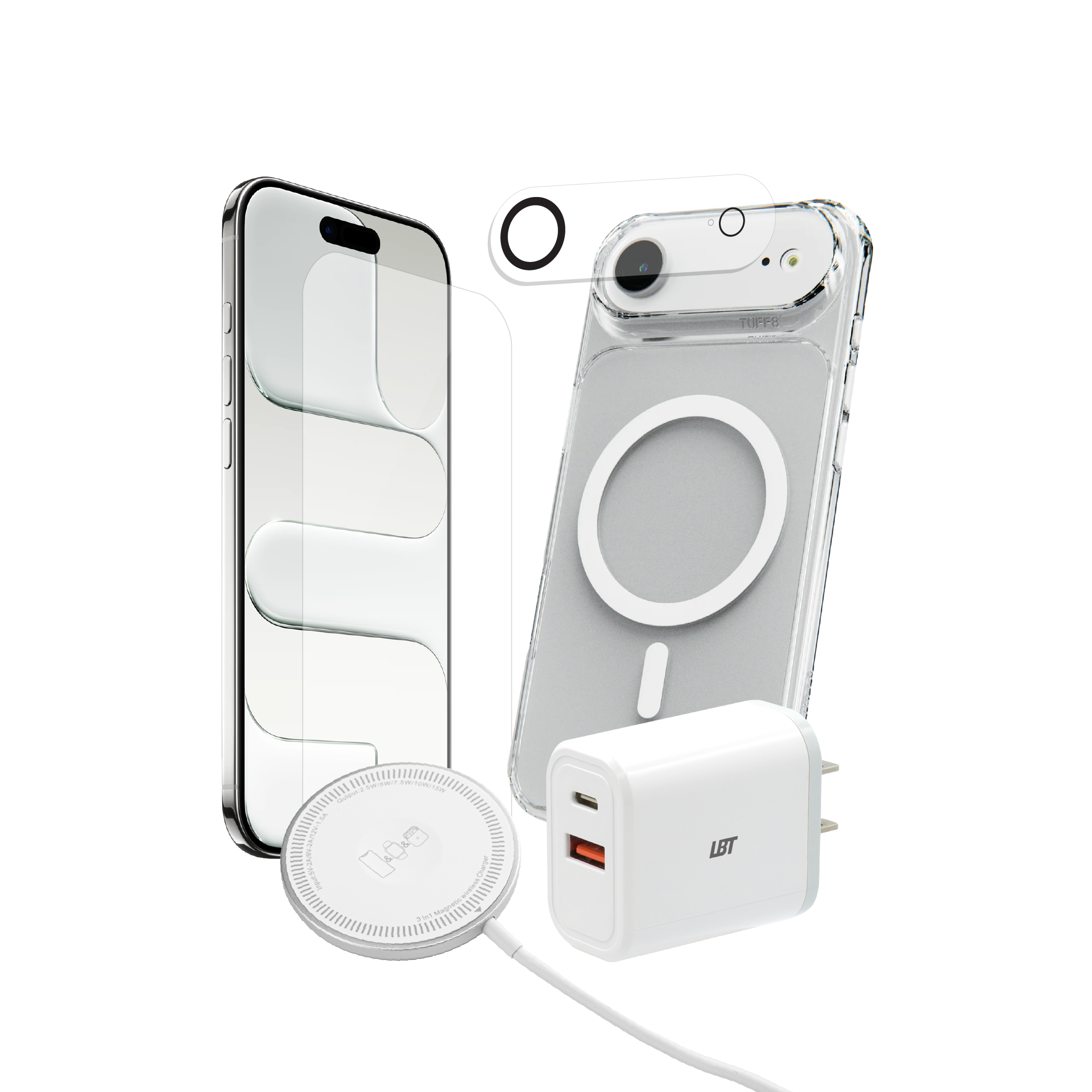 Pack 5-en-1 pour iPhone 17 Air : coque magnétique transparente, verre trempé, protection d’objectif, chargeur PD 35 W, chargeur rond