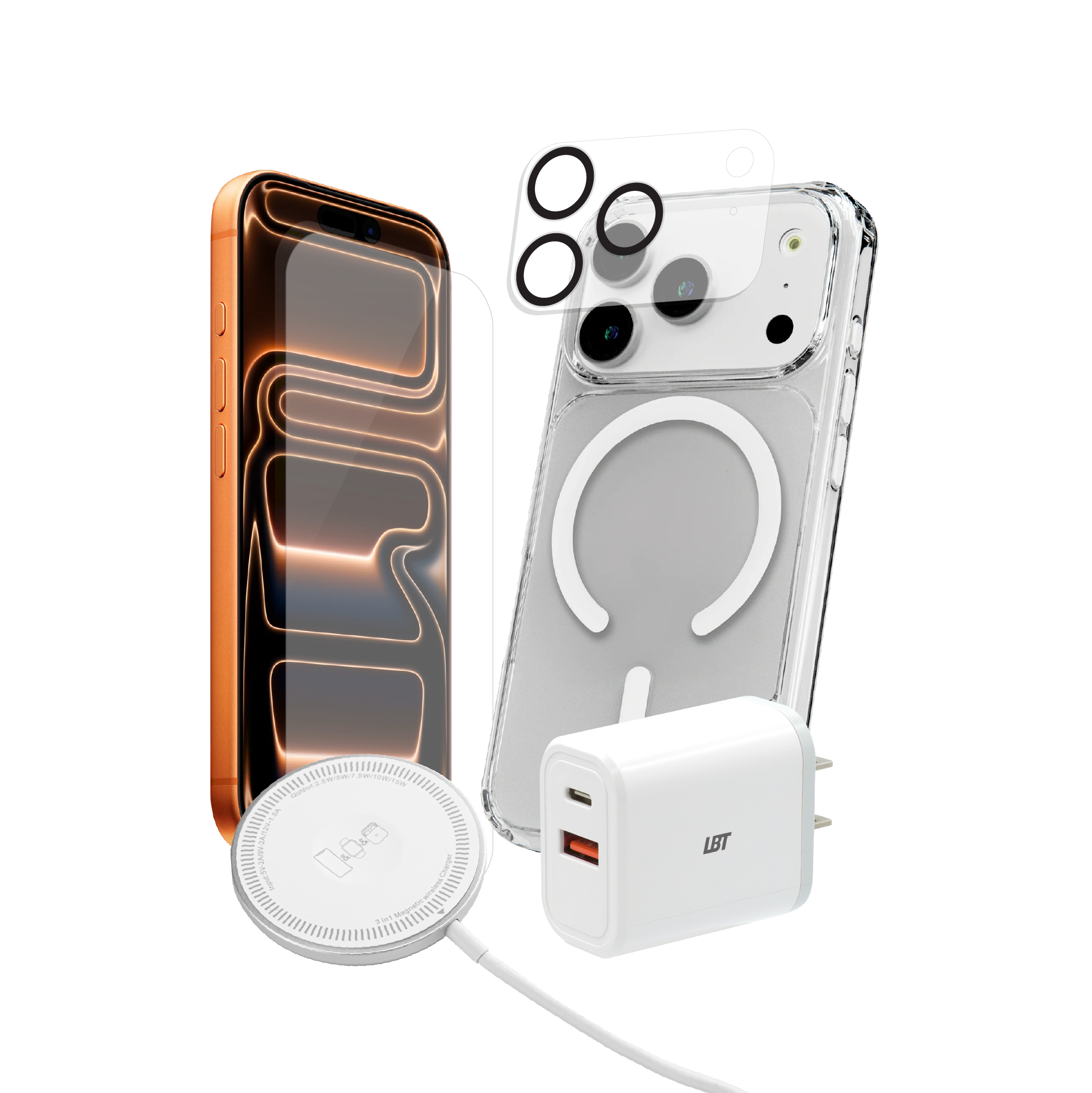 Pack 5-en-1 pour iPhone 17 Pro : coque magnétique transparente, verre trempé, protection d’objectif, chargeur PD 35 W, chargeur rond
