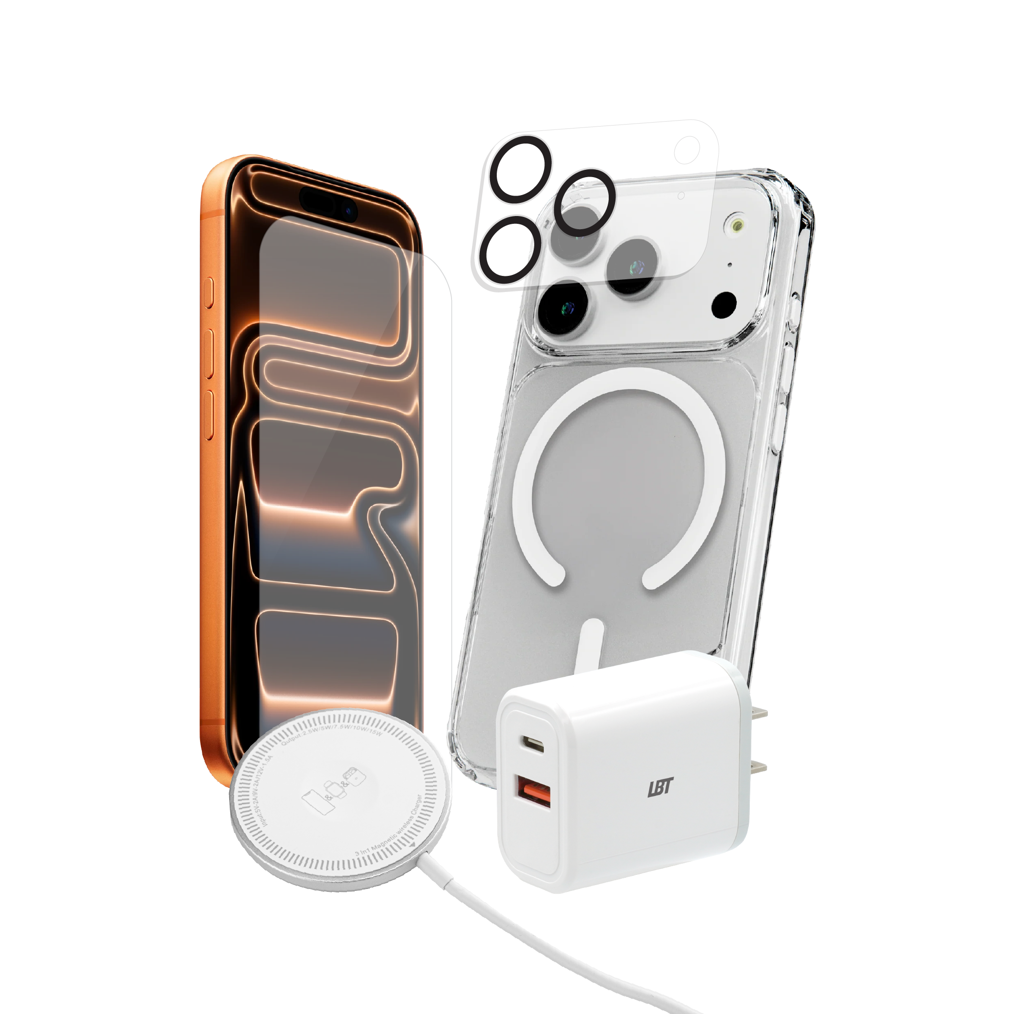 Pack 5-en-1 pour iPhone 17 Pro Max : coque magnétique transparente, verre trempé, protection d’objectif, chargeur PD 35 W, chargeur rond