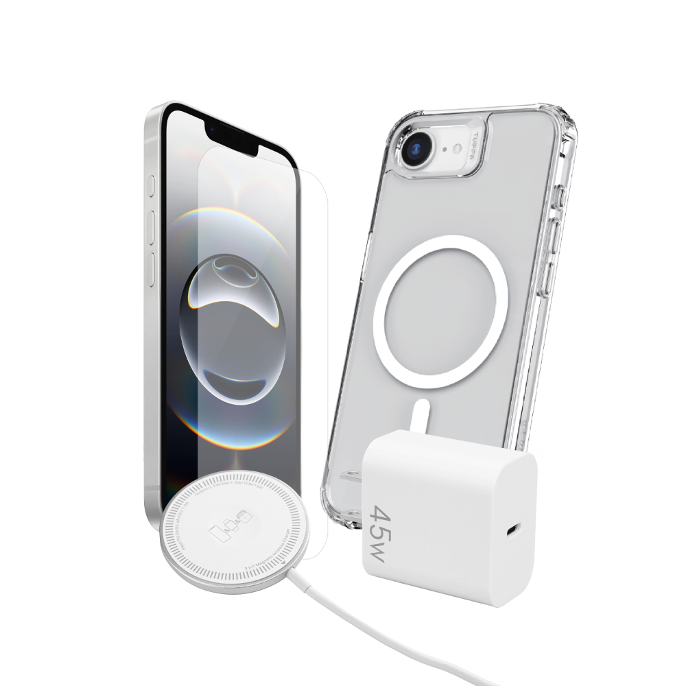 iPhone 17e / 16e 4-in-1 Bundle - Clear Mag Case, Tempered Glass, 45W PD Charger, Puck Charger
