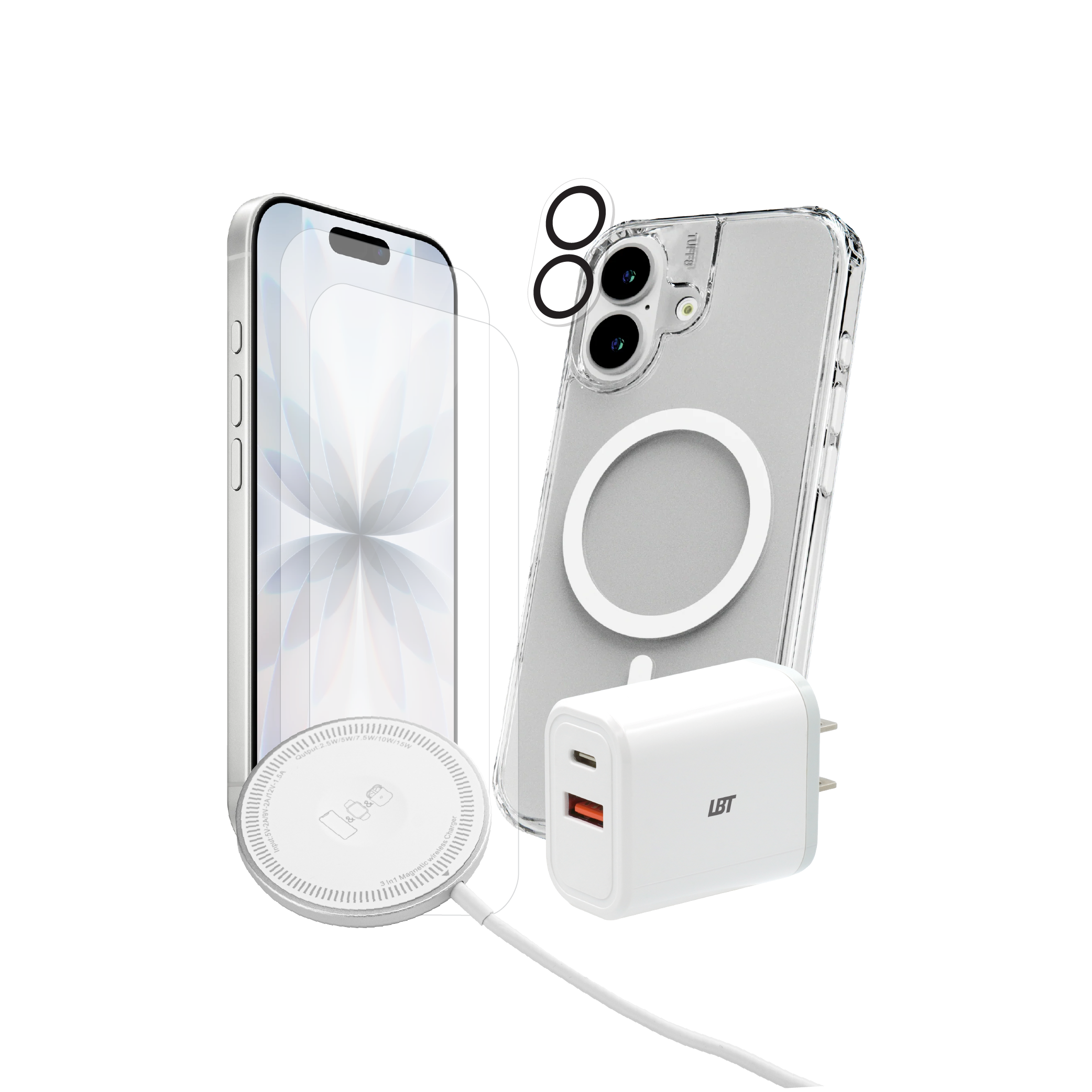 Pack 5-en-1 pour iPhone 17 : coque magnétique transparente, verre trempé (2 unités), protection d’objectif, chargeur PD 35 W, chargeur rond