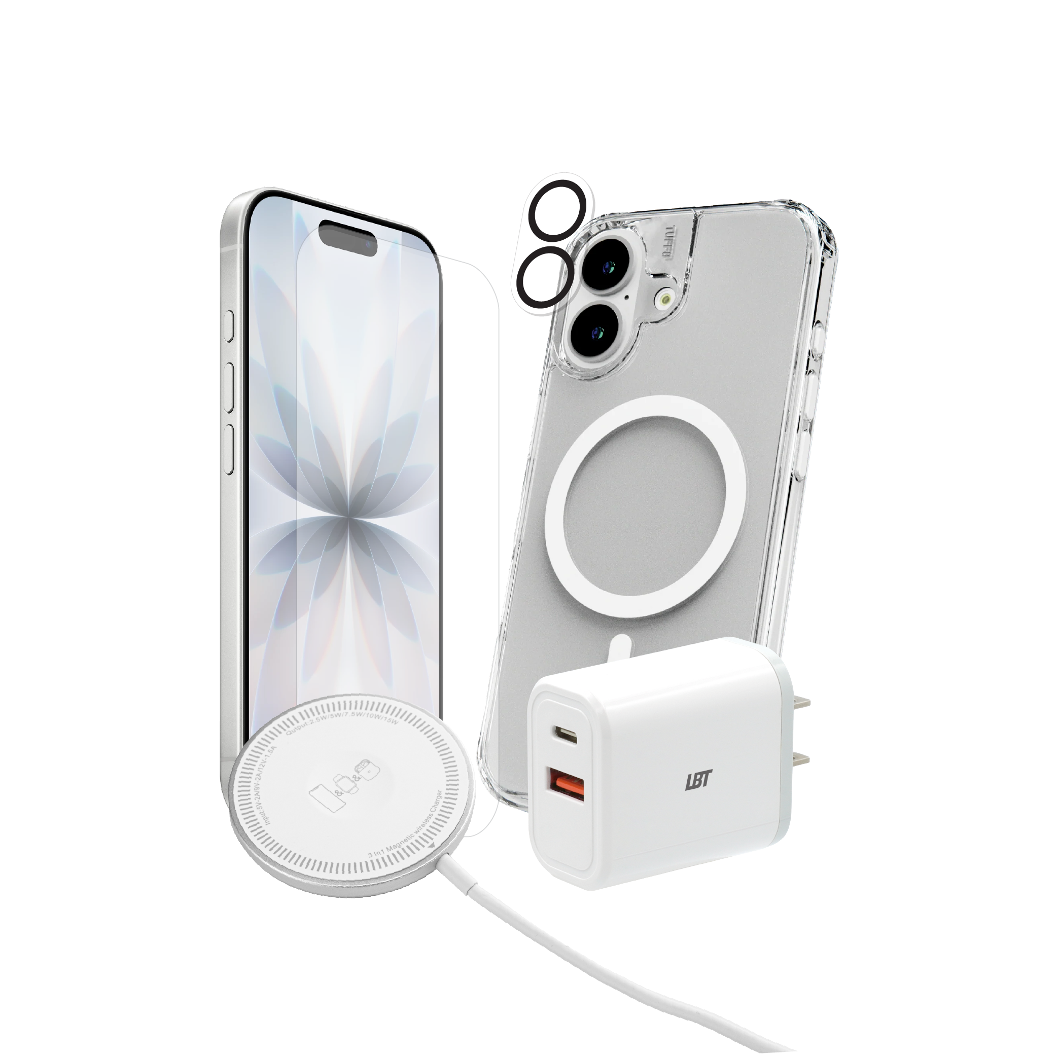 Pack 5-en-1 pour iPhone 17 : coque magnétique transparente, verre trempé, protection d’objectif, chargeur PD 35 W, chargeur rond