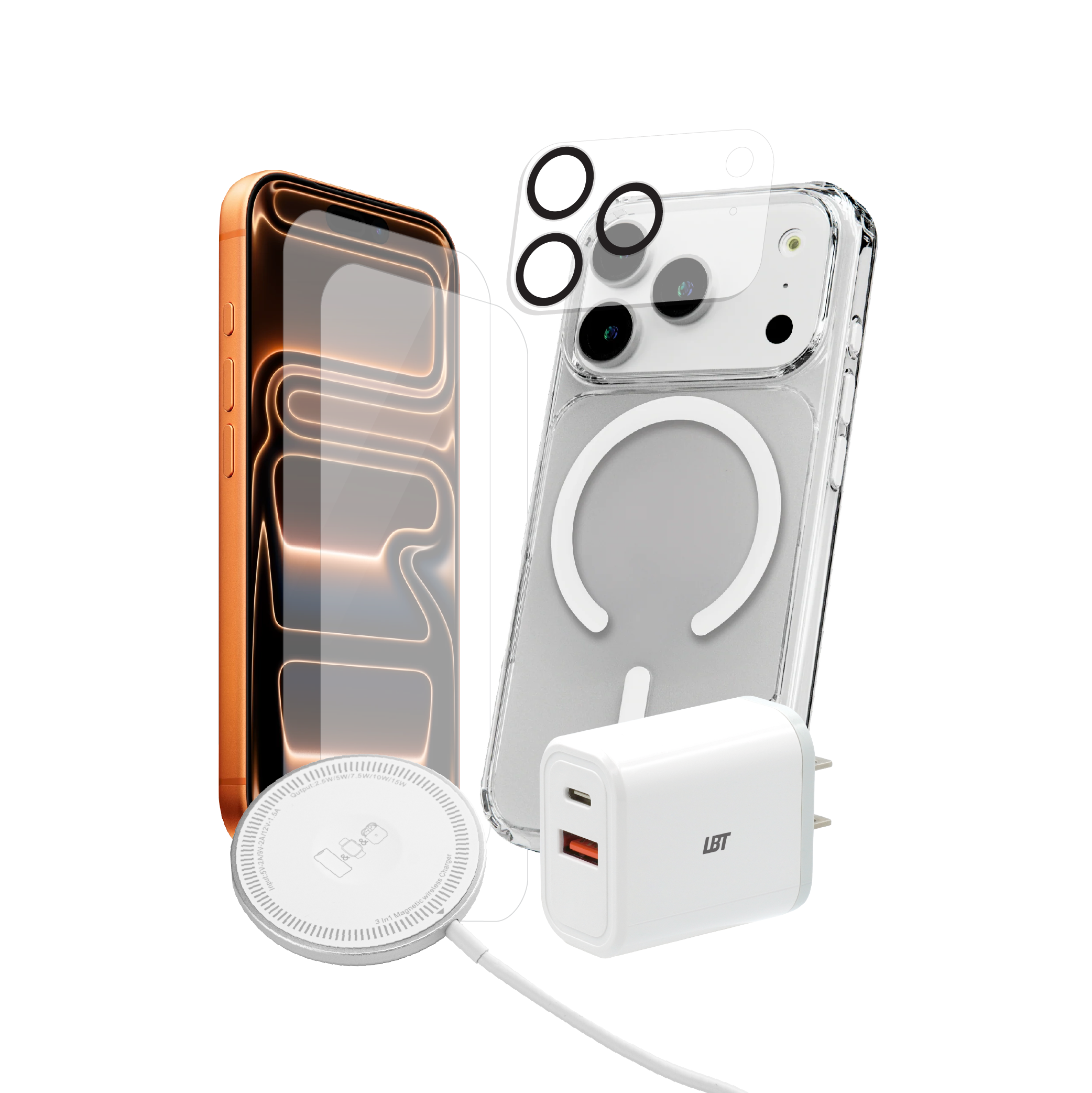 Pack 5-en-1 pour iPhone 17 Pro : coque magnétique transparente, verre trempé (2 unités), protection d’objectif, chargeur PD 35 W, chargeur rond