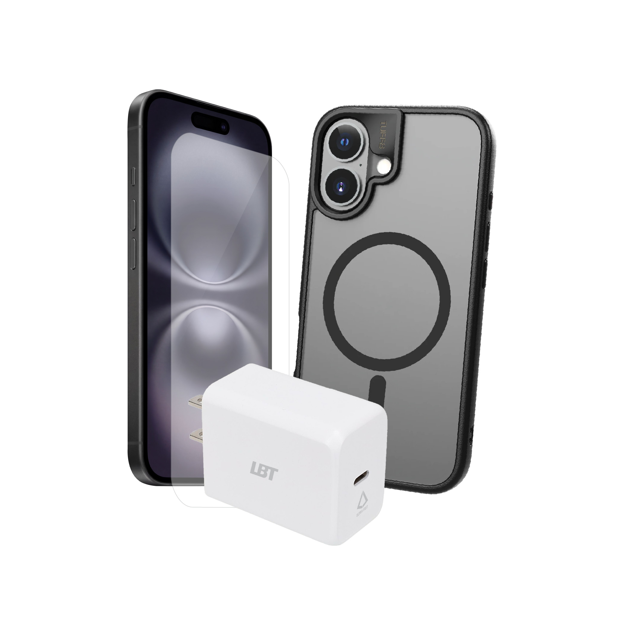 Pack 3-en-1 pour iPhone 16 Plus : coque GlideGuard, verre trempé, chargeur PD 30 W