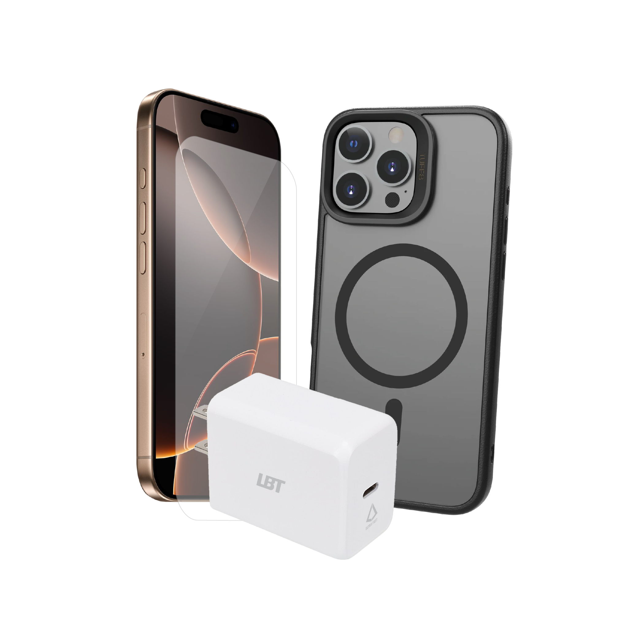 Pack 3-en-1 pour iPhone 16 Pro : coque GlideGuard, verre trempé, chargeur PD 30 W