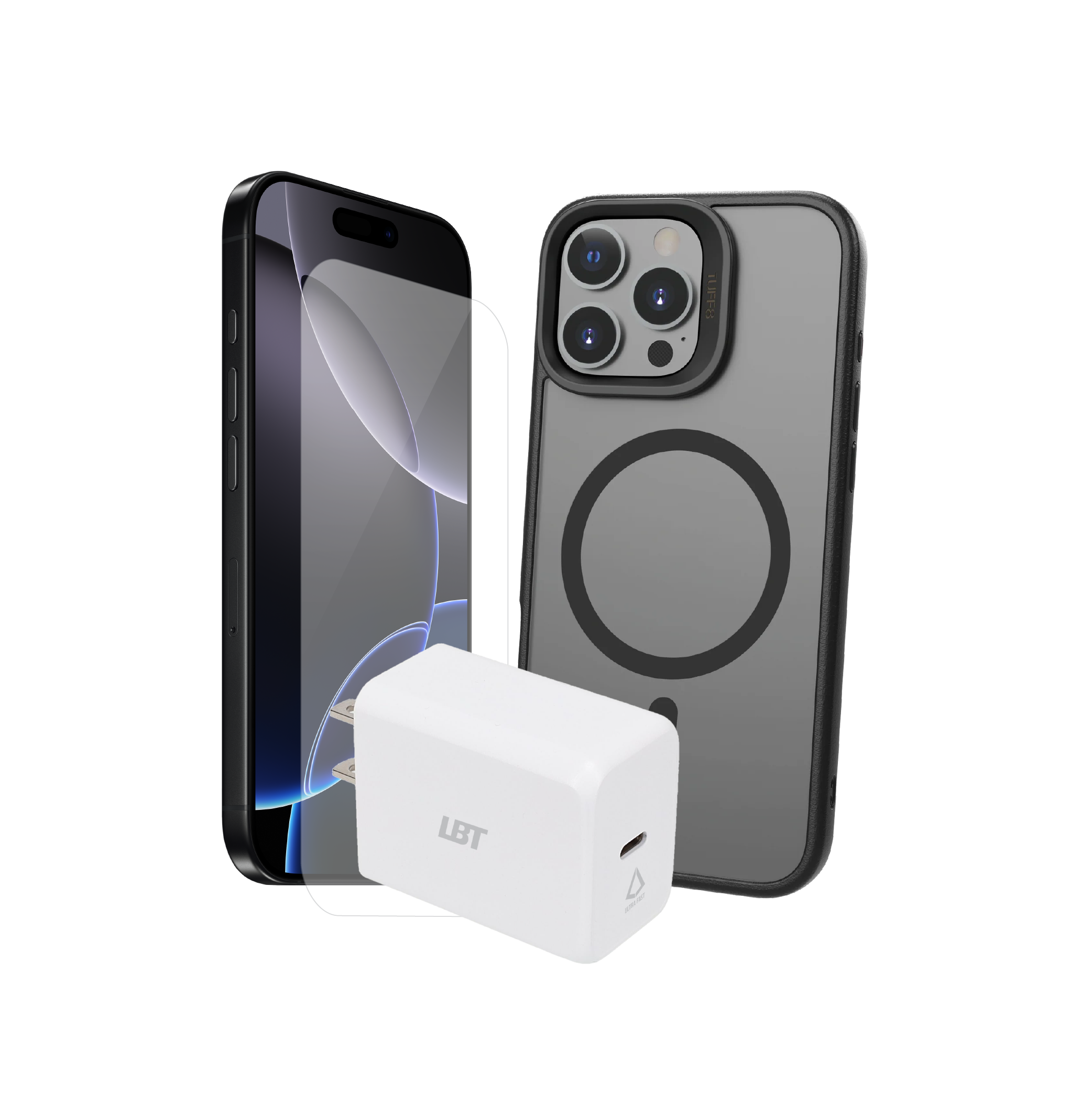 Pack 3-en-1 pour iPhone 16 Pro Max : coque GlideGuard, verre trempé, chargeur PD 30 W