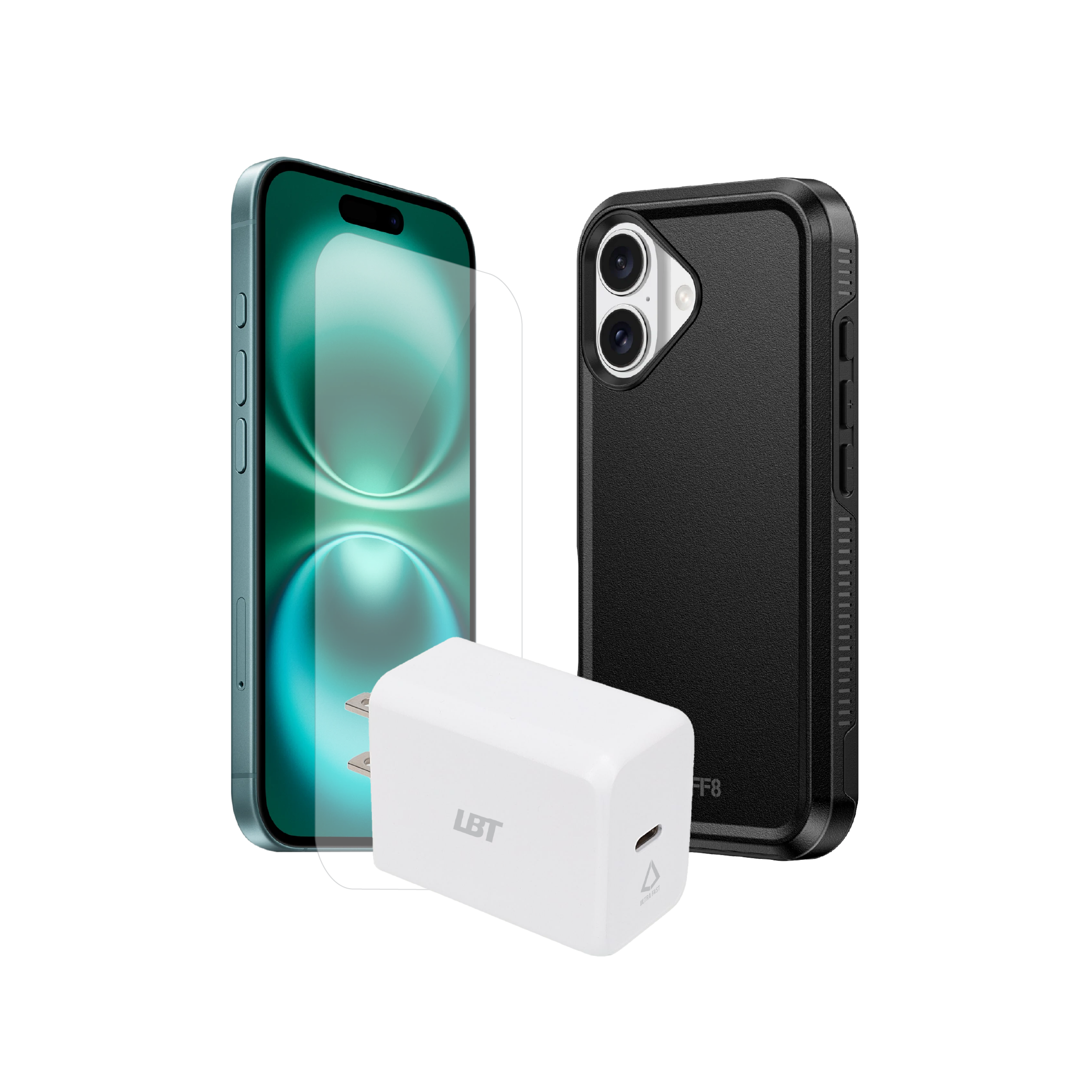 Pack 3-en-1 pour iPhone 16 : coque antichoc, verre trempé, chargeur PD 30 W