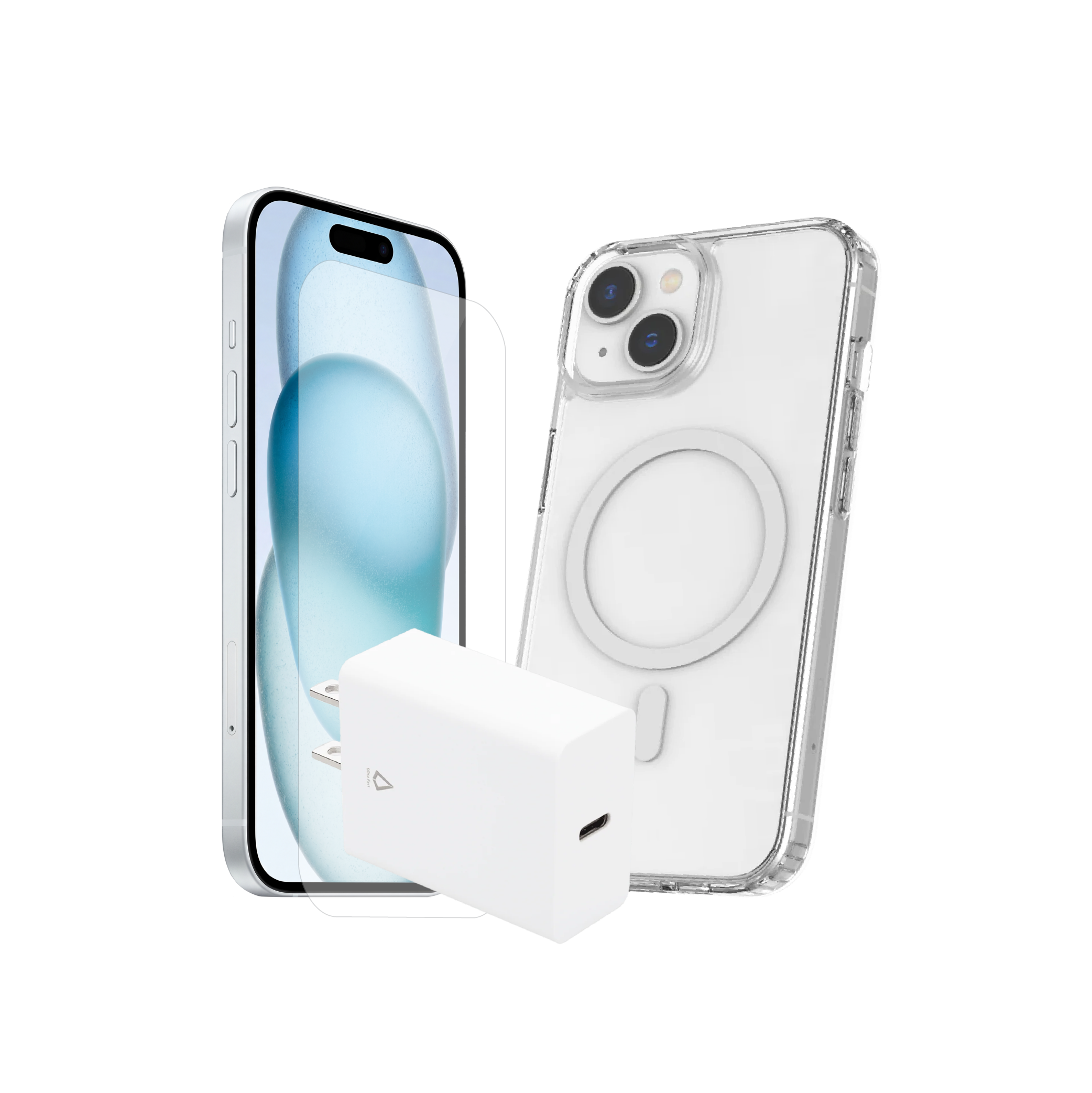 Pack 3-en-1 pour iPhone 15 : coque magnétique transparente, verre trempé, chargeur PD 20 W