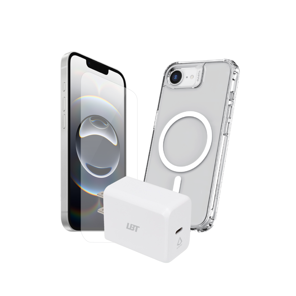 Pack 3-en-1 pour iPhone 16e : coque magnétique transparente, verre trempé, chargeur PD 30 W²