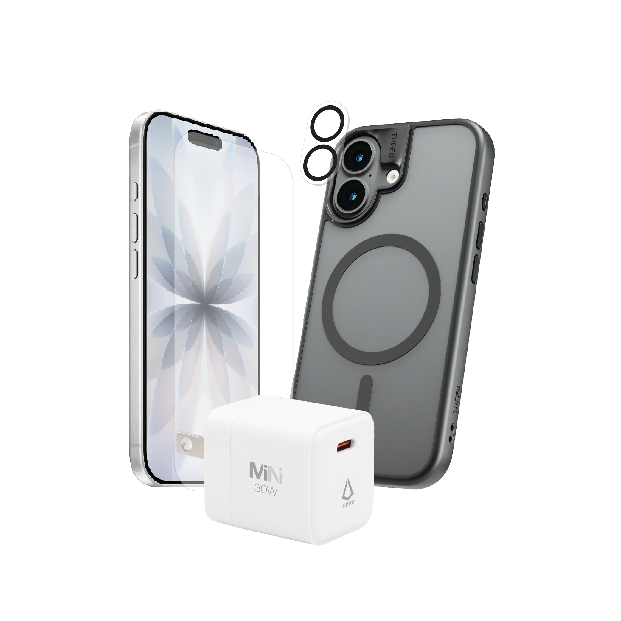 Pack 4-en-1 pour iPhone 17 : coque GlideGuard, protection d’objectif, verre trempé, chargeur PD30WS