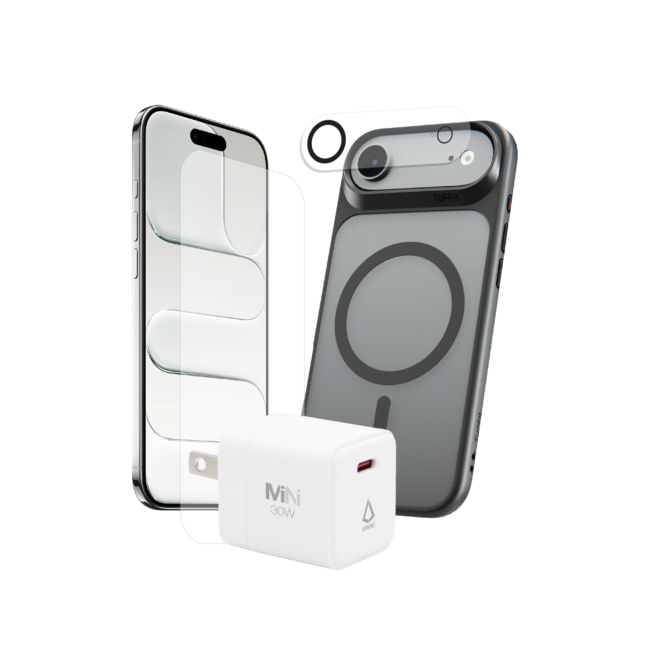 Pack 4-en-1 pour iPhone 17 Air : coque GlideGuard, protection d’objectif, verre trempé, chargeur PD30WS