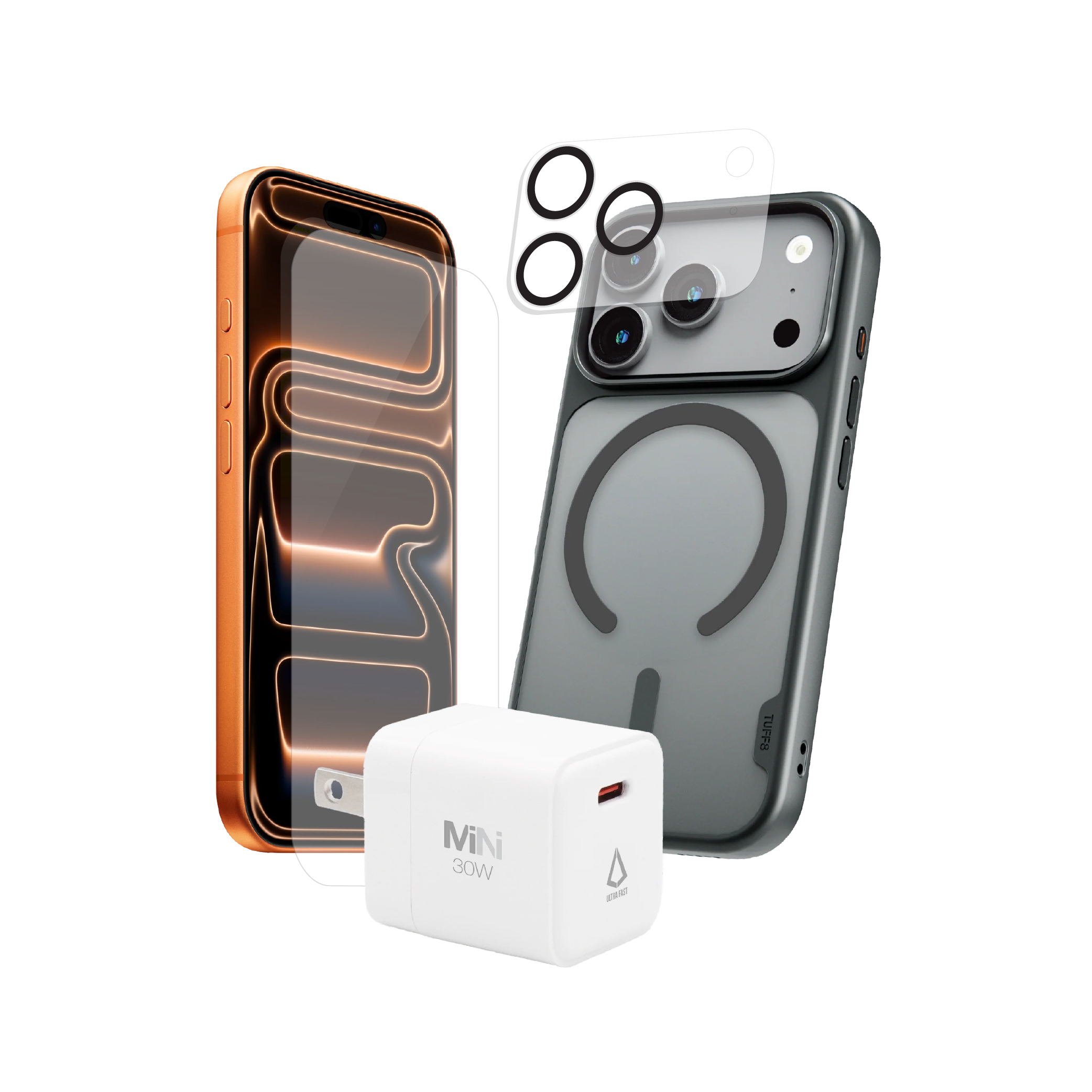 Pack 4-en-1 pour iPhone 17 Pro : coque GlideGuard, protection d’objectif, verre trempé, chargeur PD30WS