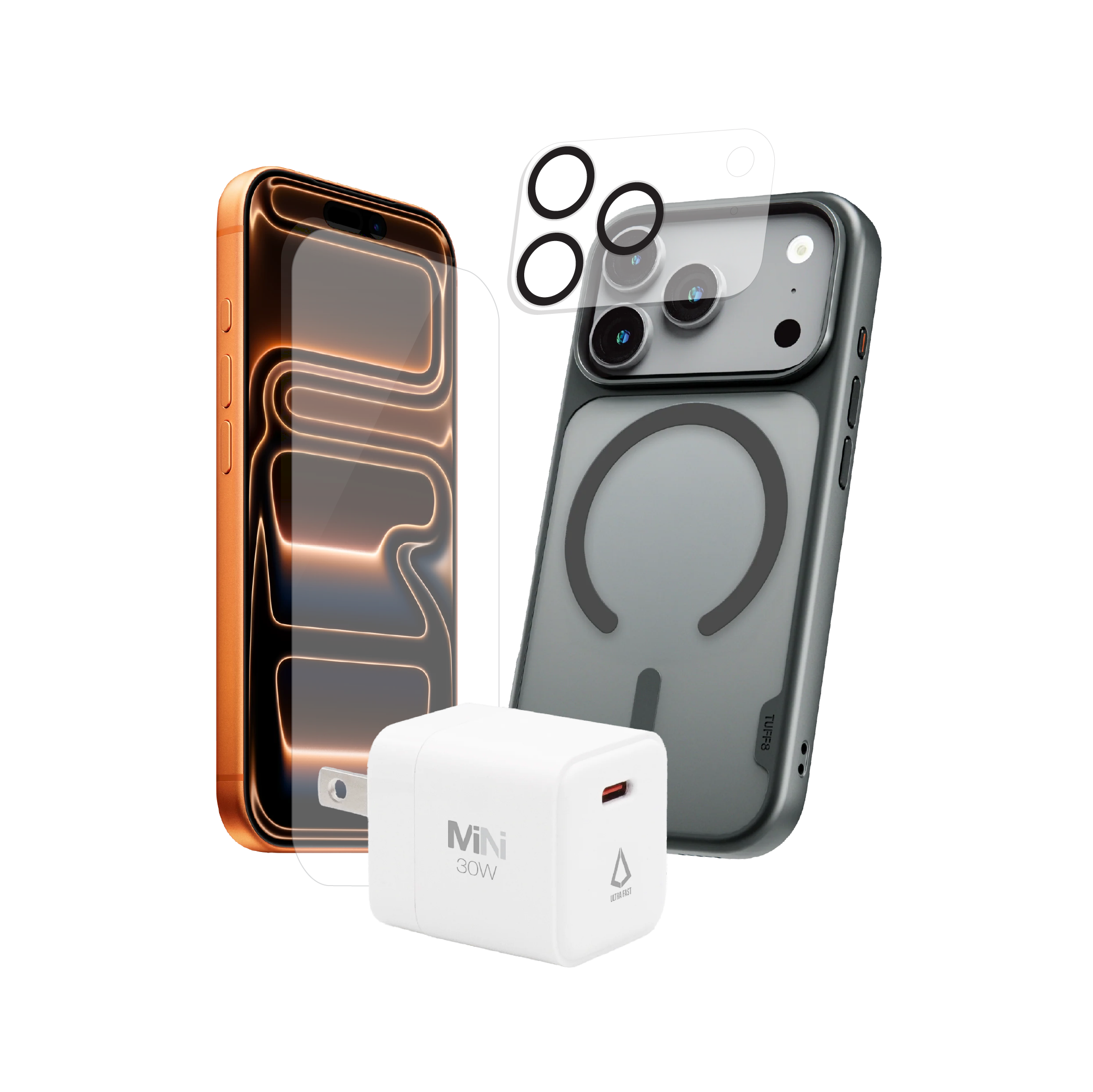 Pack 4-en-1 pour iPhone 17 Pro Max : coque GlideGuard, protection d’objectif, verre trempé, chargeur PD30WS