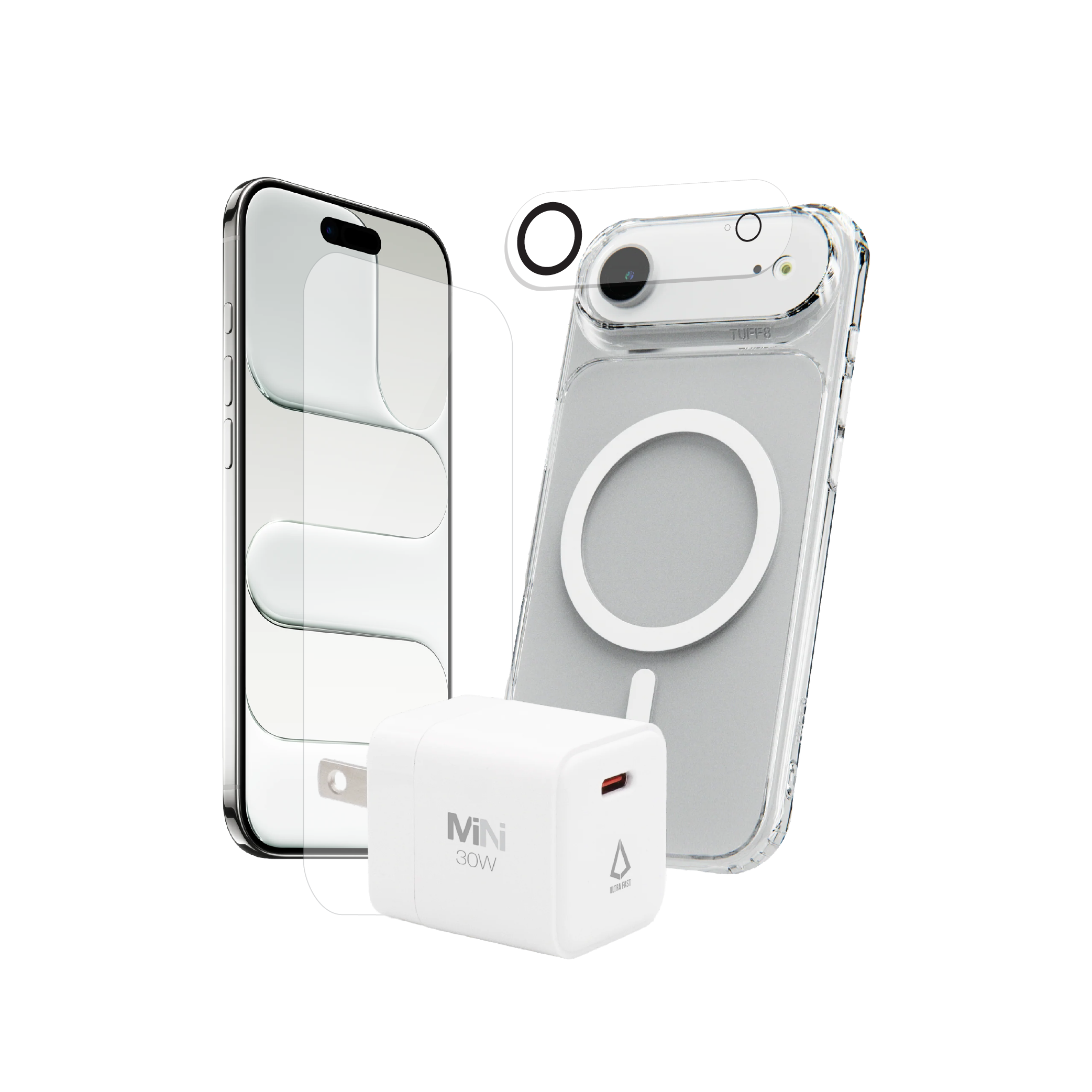 Pack 4-en-1 pour iPhone 17 Air : coque magnétique transparente, protection d’objectif, verre trempé, chargeur PD 30 W