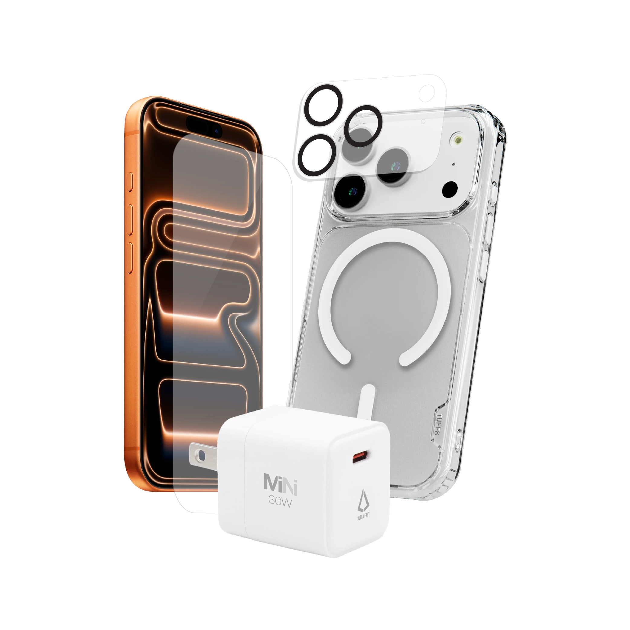 Pack 4-en-1 pour iPhone 17 Pro Max : coque magnétique transparente, protection d’objectif, verre trempé, chargeur PD 30 W