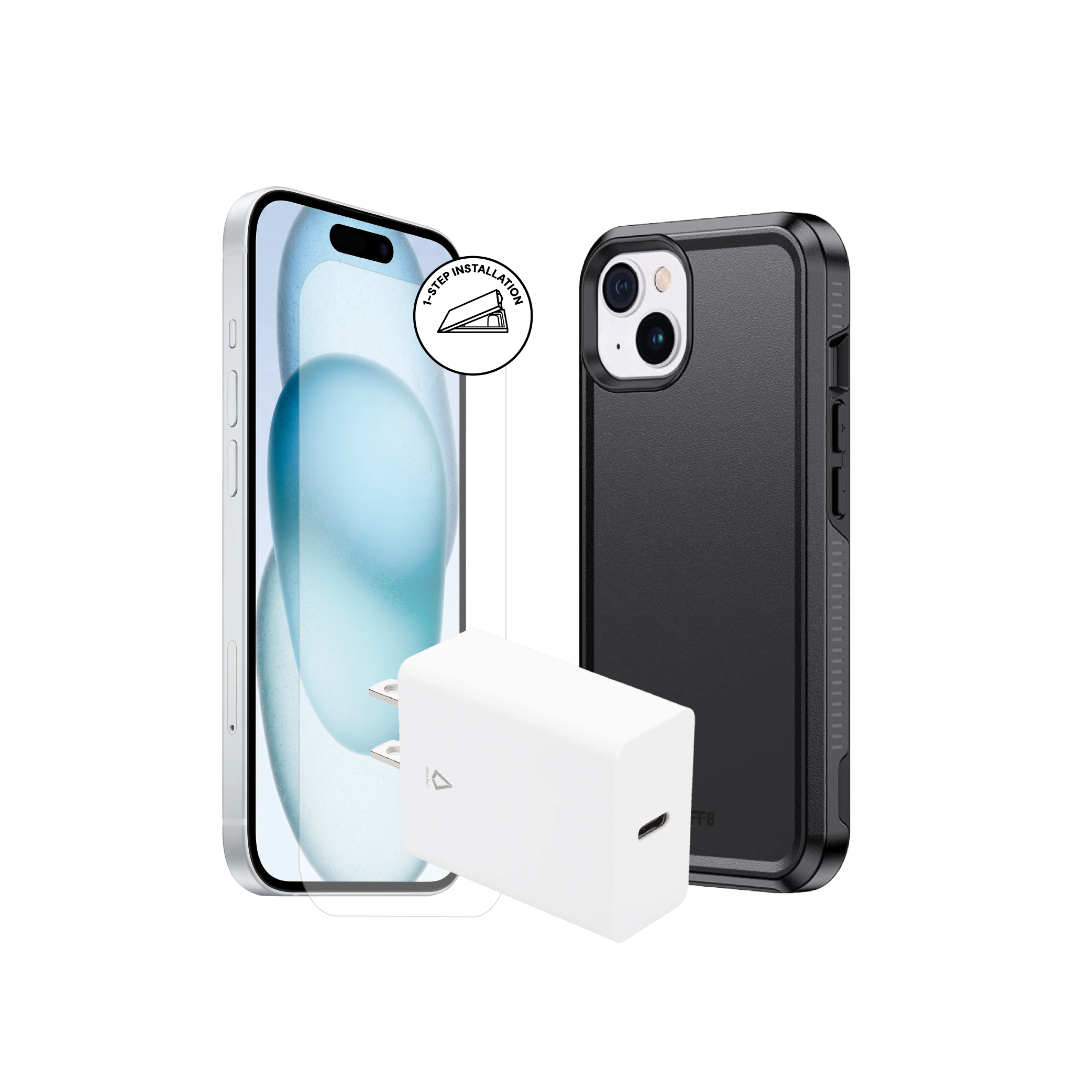 Pack 3-en-1 pour iPhone 15 : coque antichoc, verre trempé avec installation automatique, chargeur PD 20 W