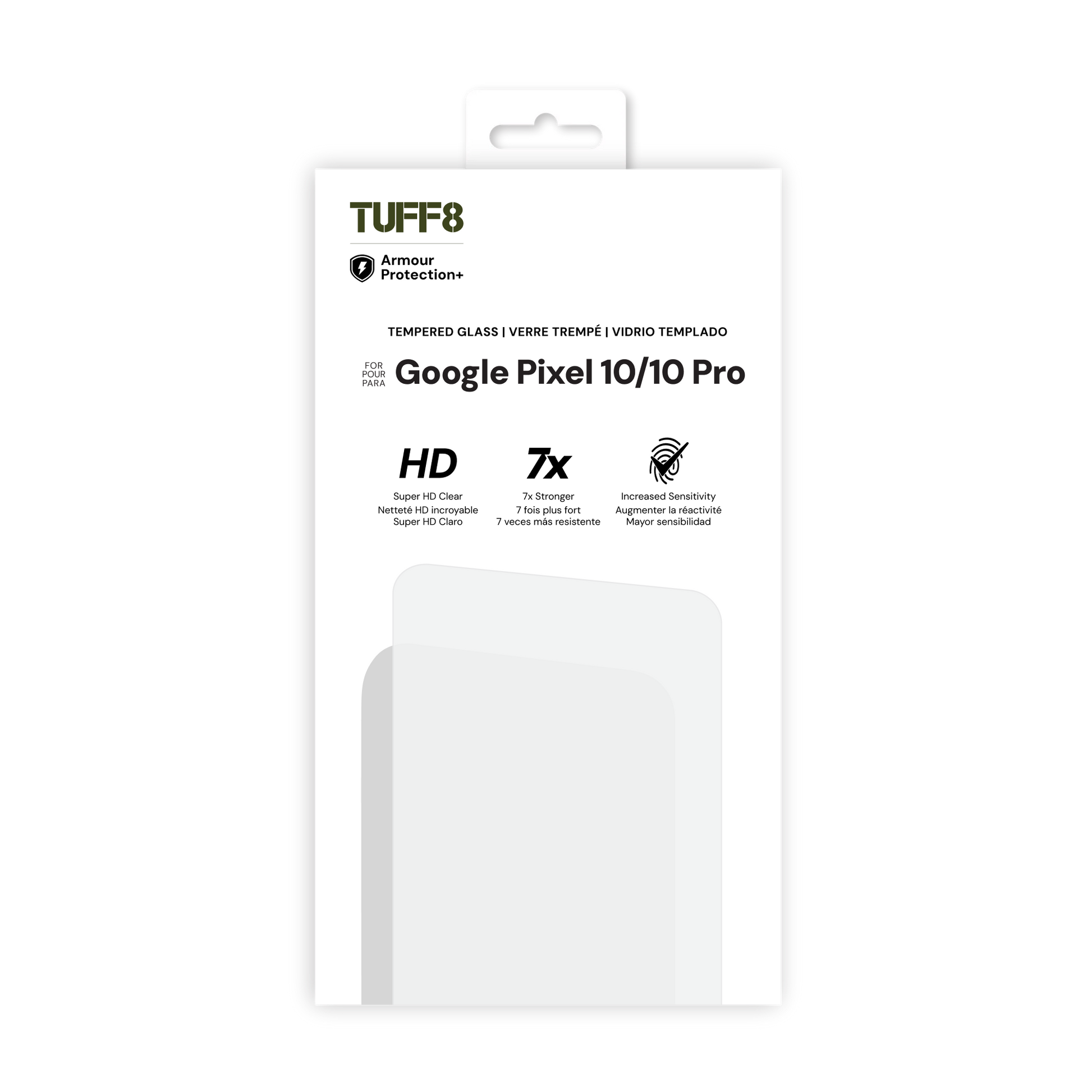 TUFF8 screen protector packaging for Google Pixel 10/10 Pro on a white background