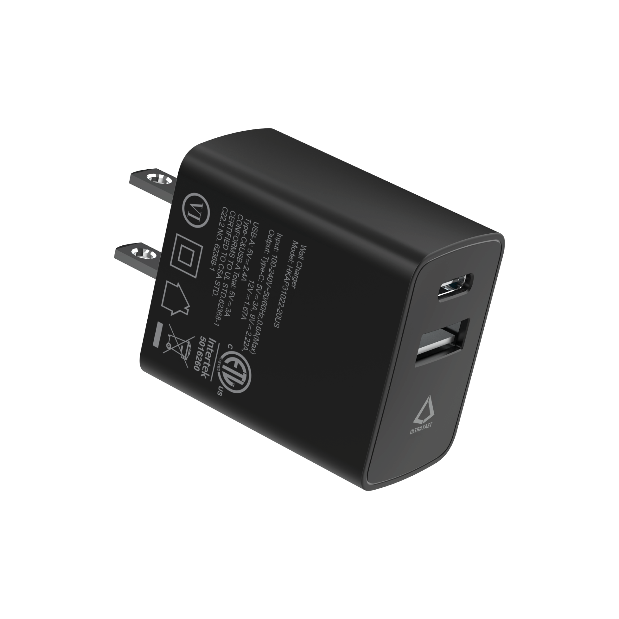 20W PD Dual-port Wall Charger with 4 ft Black Cable (USB-C to USB-C)