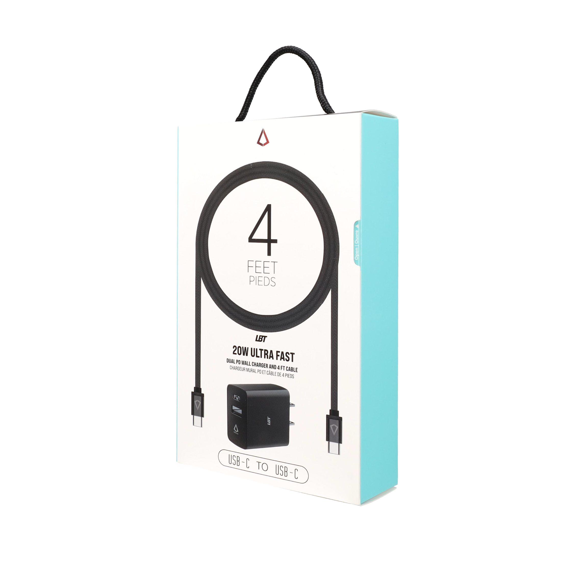 20W PD Dual-port Wall Charger with 4 ft Black Cable (USB-C to USB-C)
