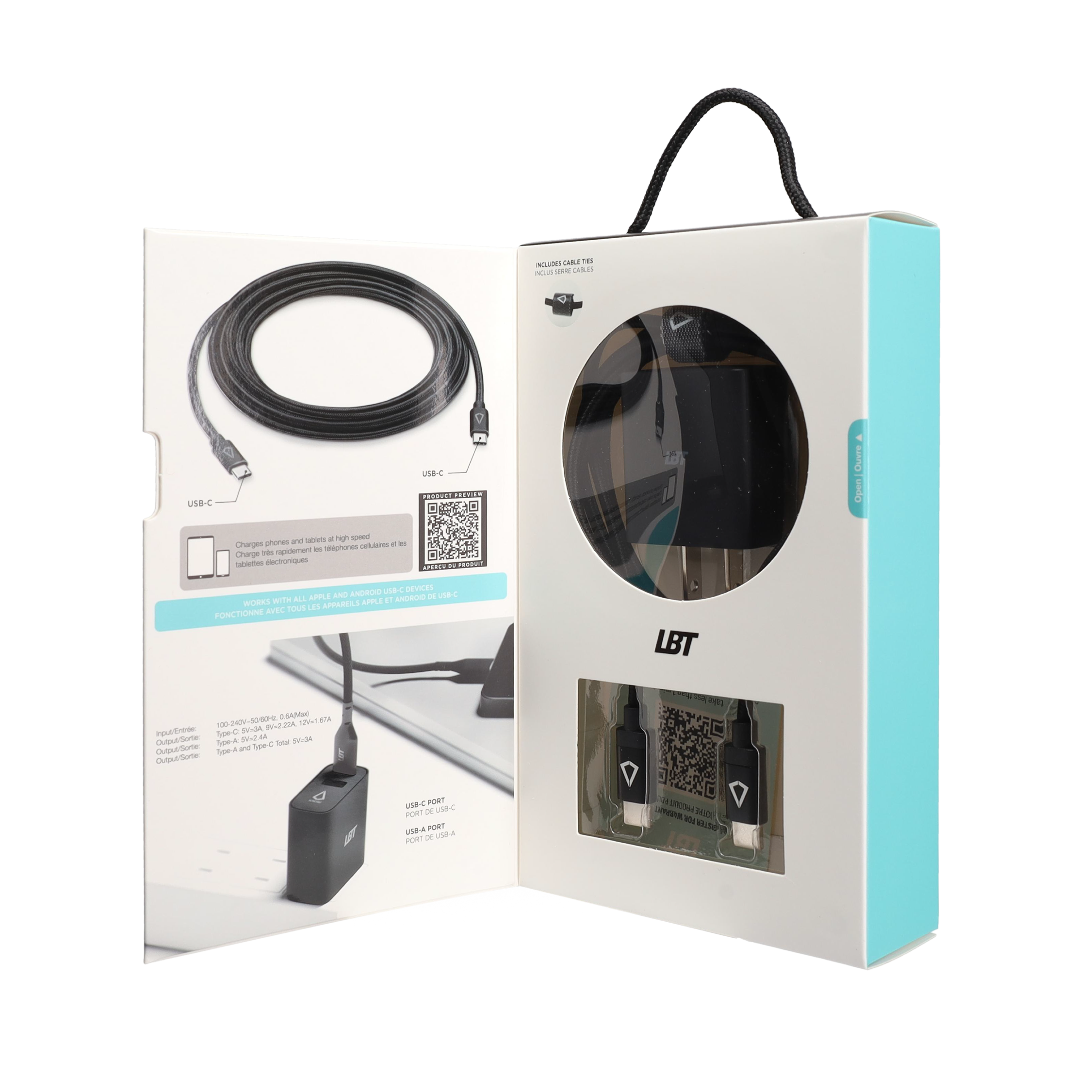 20W PD Dual-port Wall Charger with 4 ft Black Cable (USB-C to USB-C)