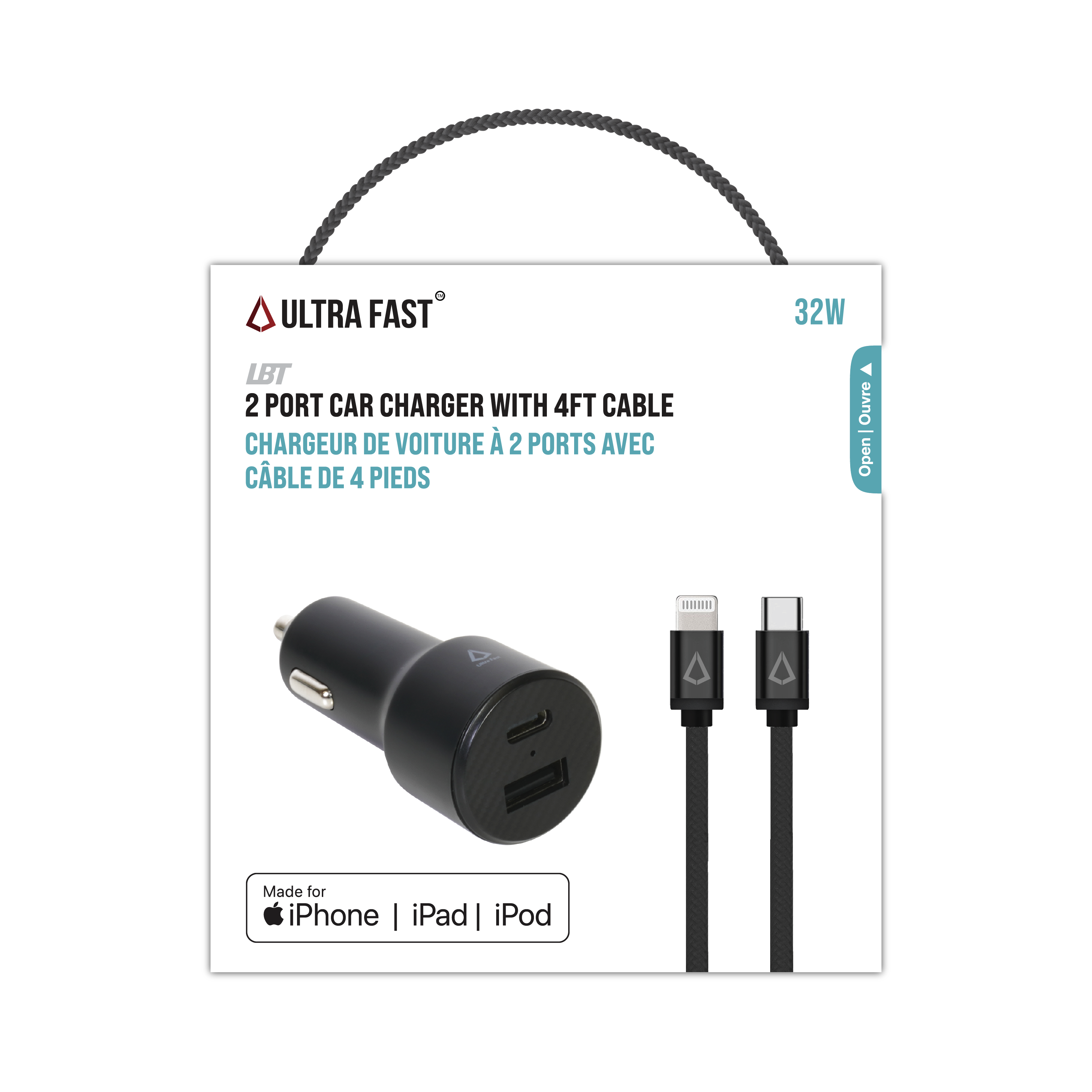 Chargeur de voiture double port PD 32 W avec câble de 1,2 m (USB-C vers Lightning)