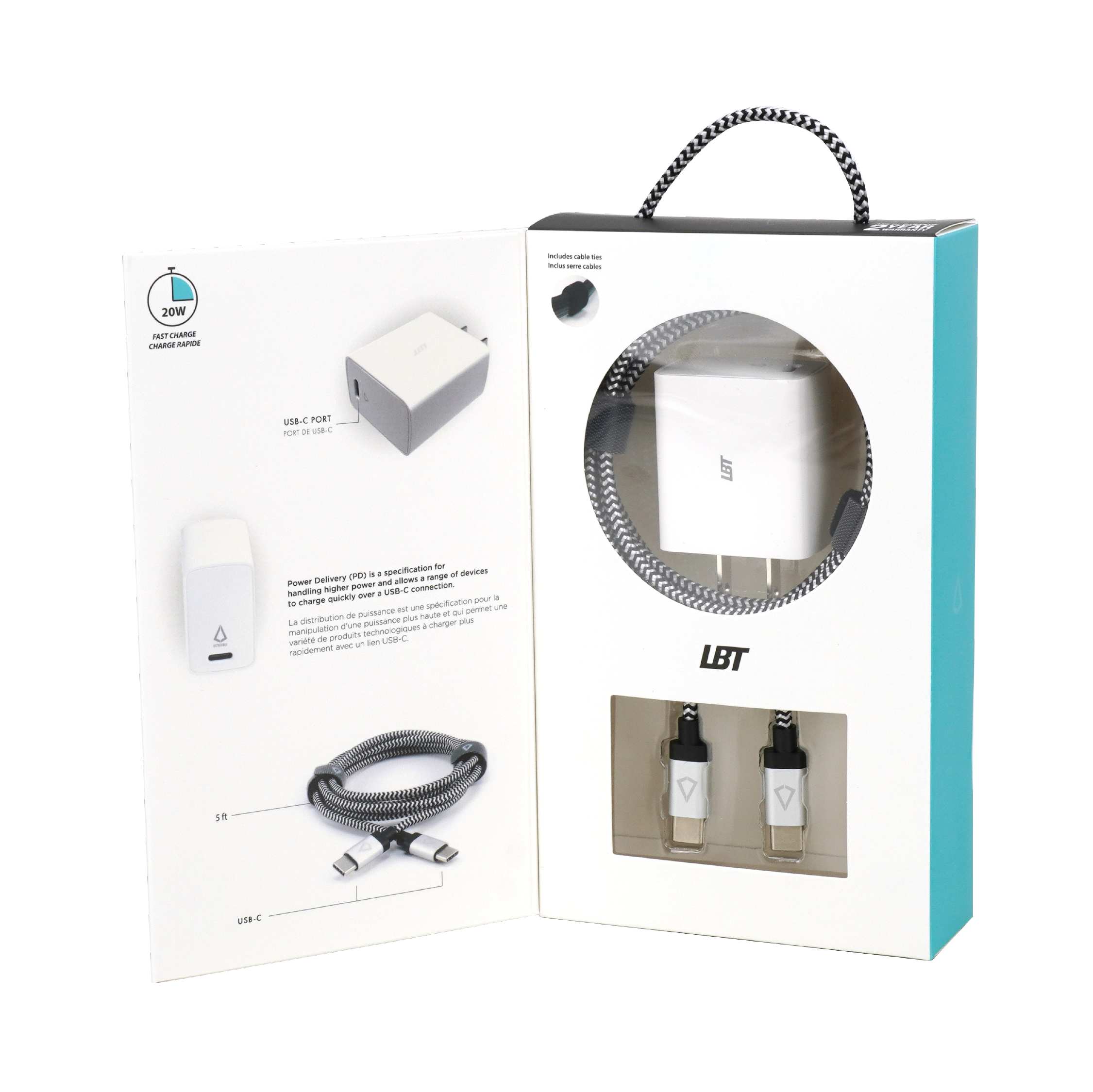 20W PD Wall Charger with 5 ft Braided Cable (USB-C to USB-C)