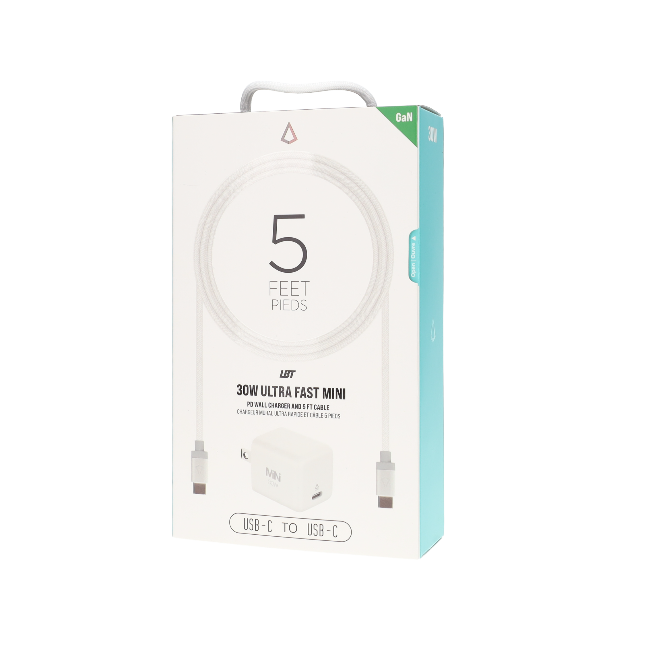 30W PD Wall Charger with 5 ft Braided White Cable (USB-C to USB-C)