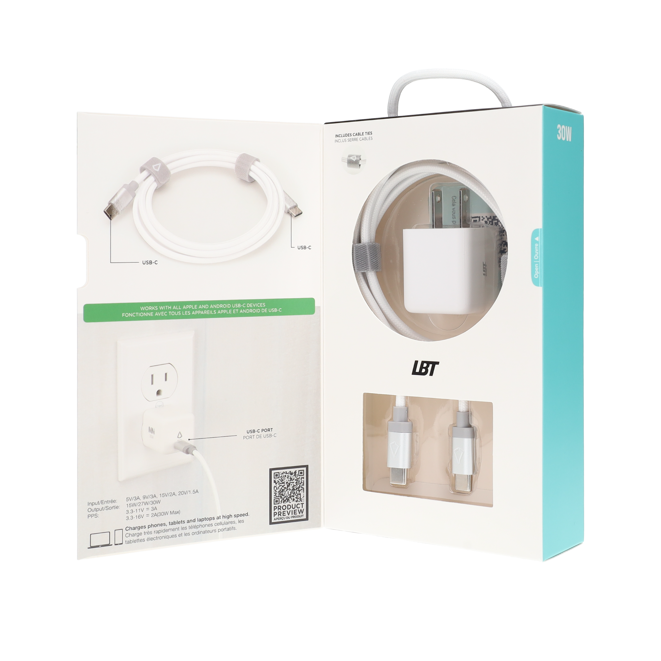 30W PD Wall Charger with 5 ft Braided White Cable (USB-C to USB-C)