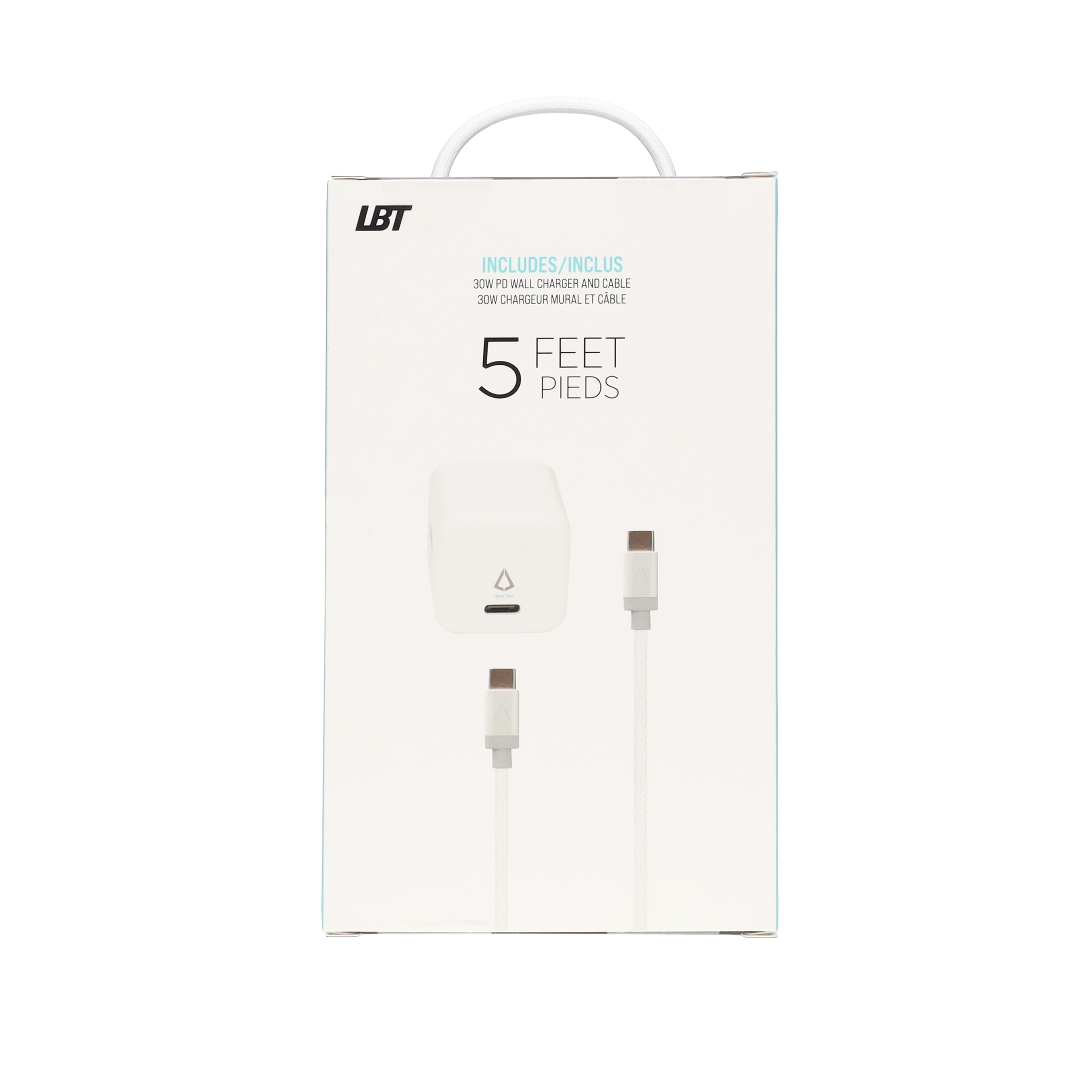 30W PD Wall Charger with 5 ft Braided White Cable (USB-C to USB-C)