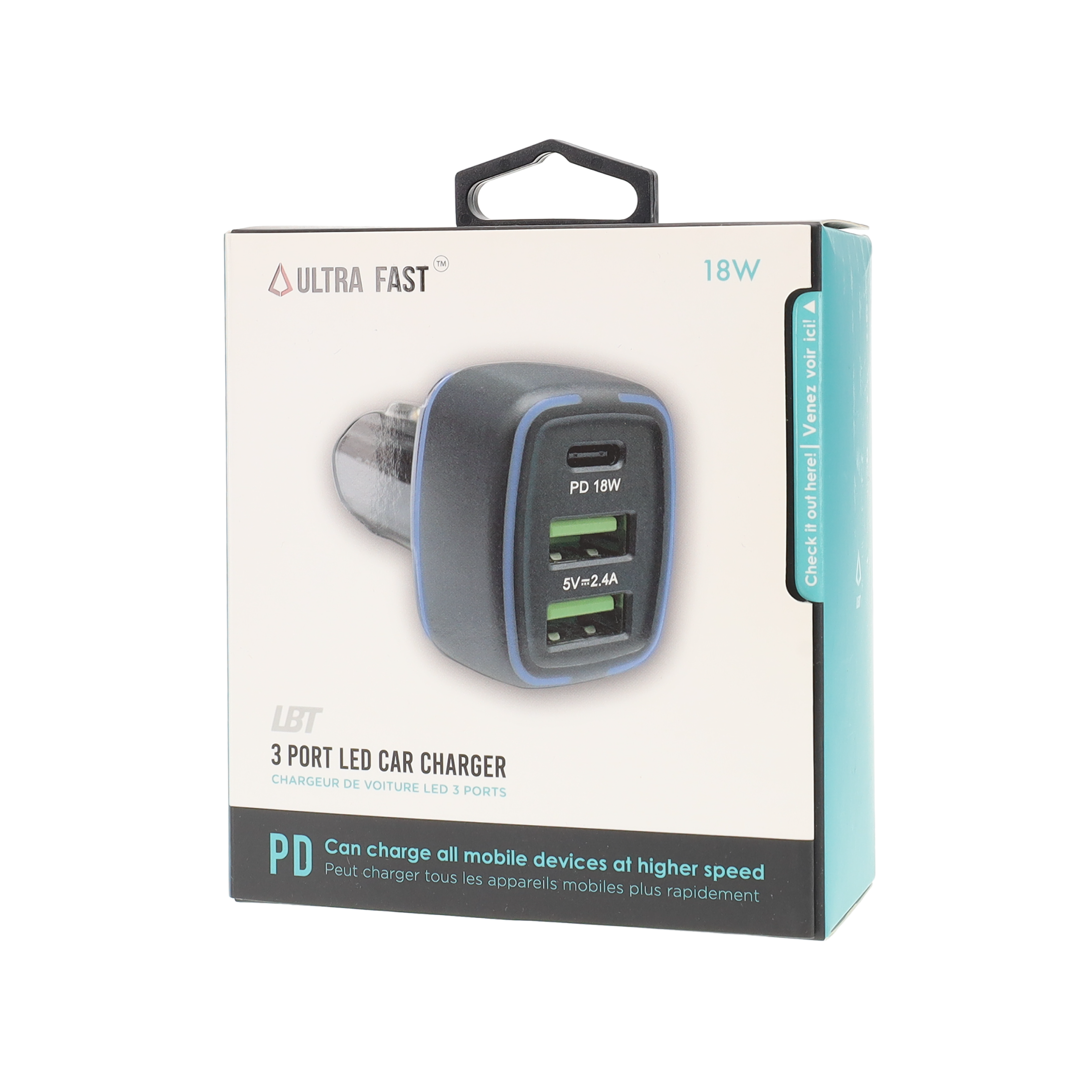 PD Car Charger with 2 extra USB-A ports (18W PD + 12W USB A)
