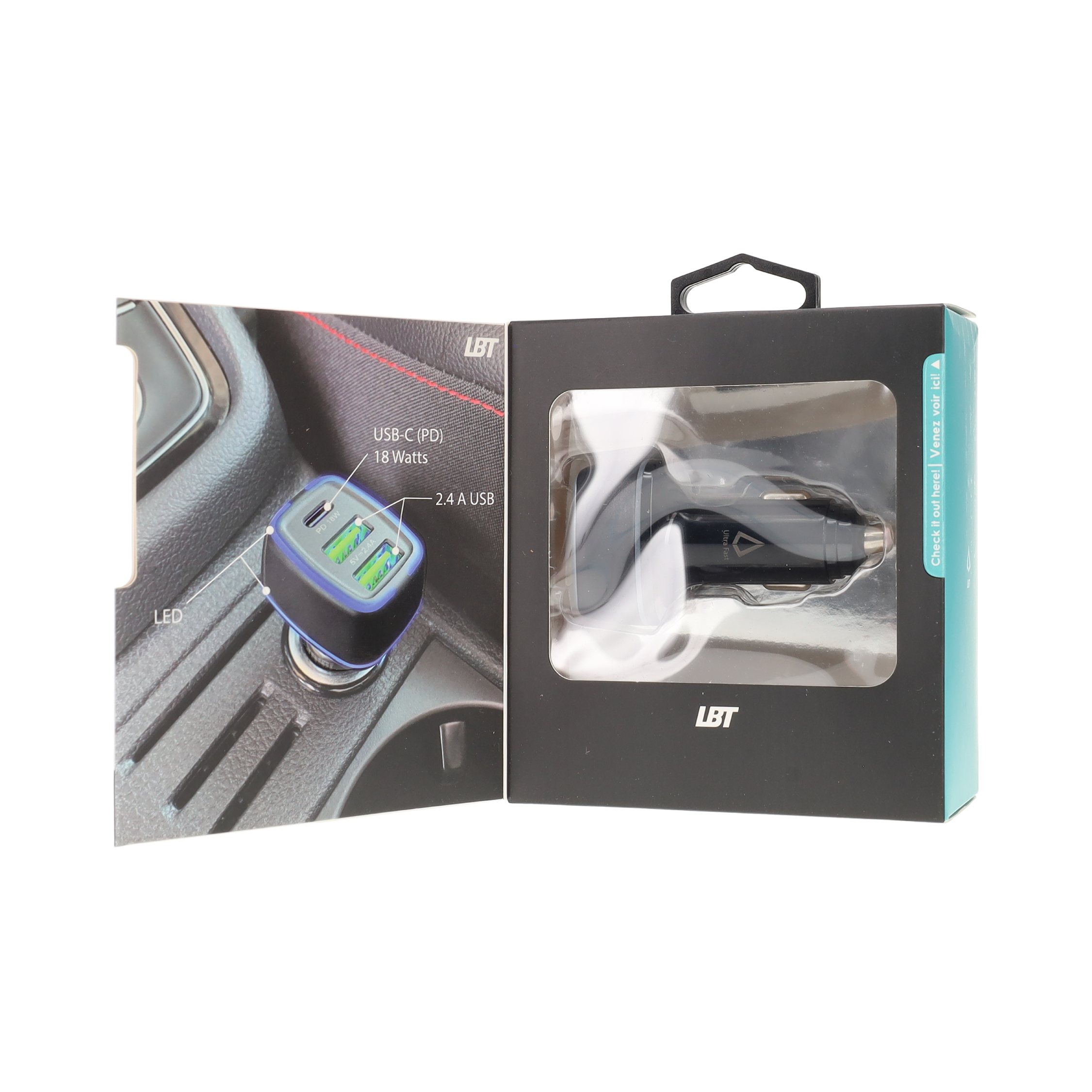 PD Car Charger with 2 extra USB-A ports (18W PD + 12W USB A)