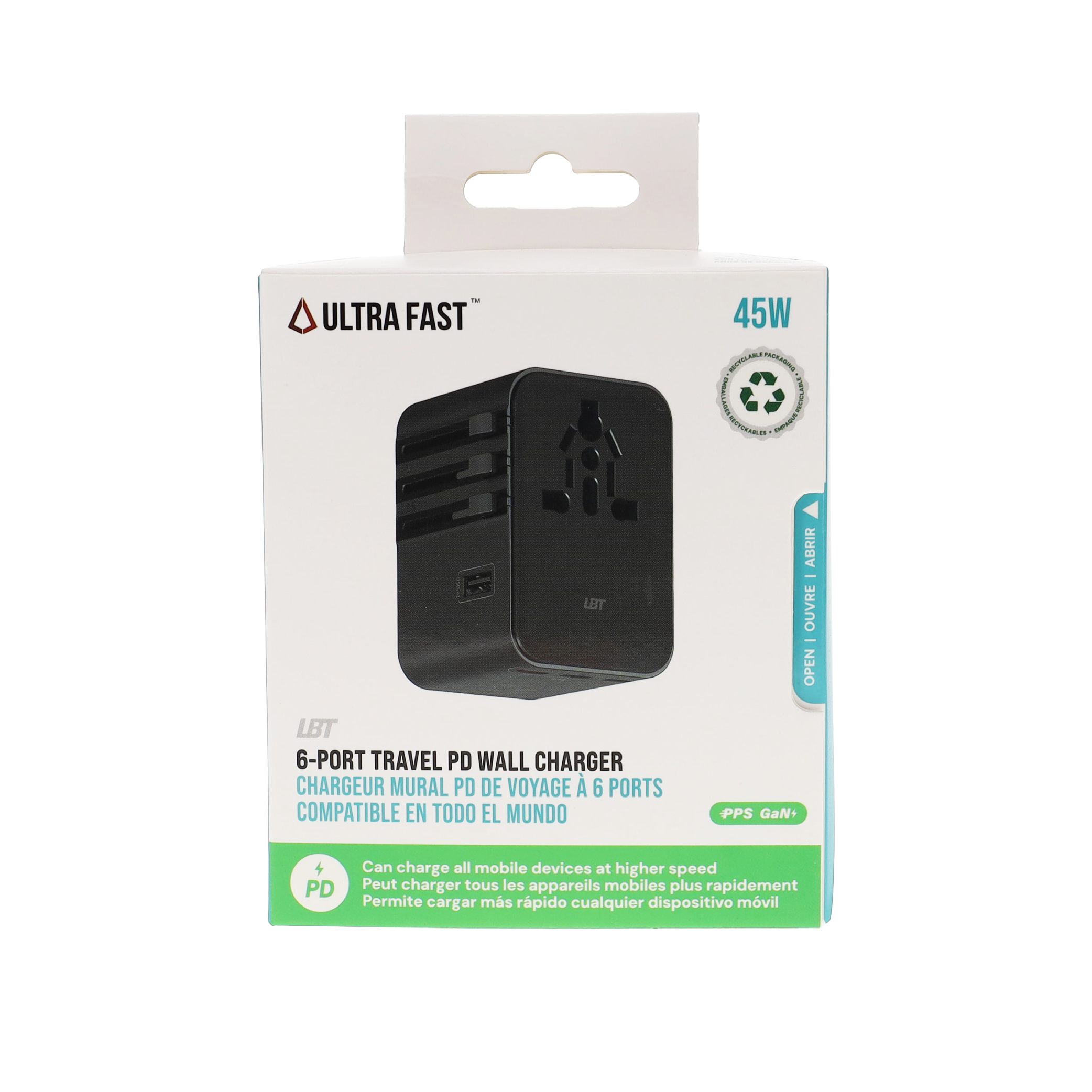 Chargeur mural de voyage PD à 6 ports de 45 W