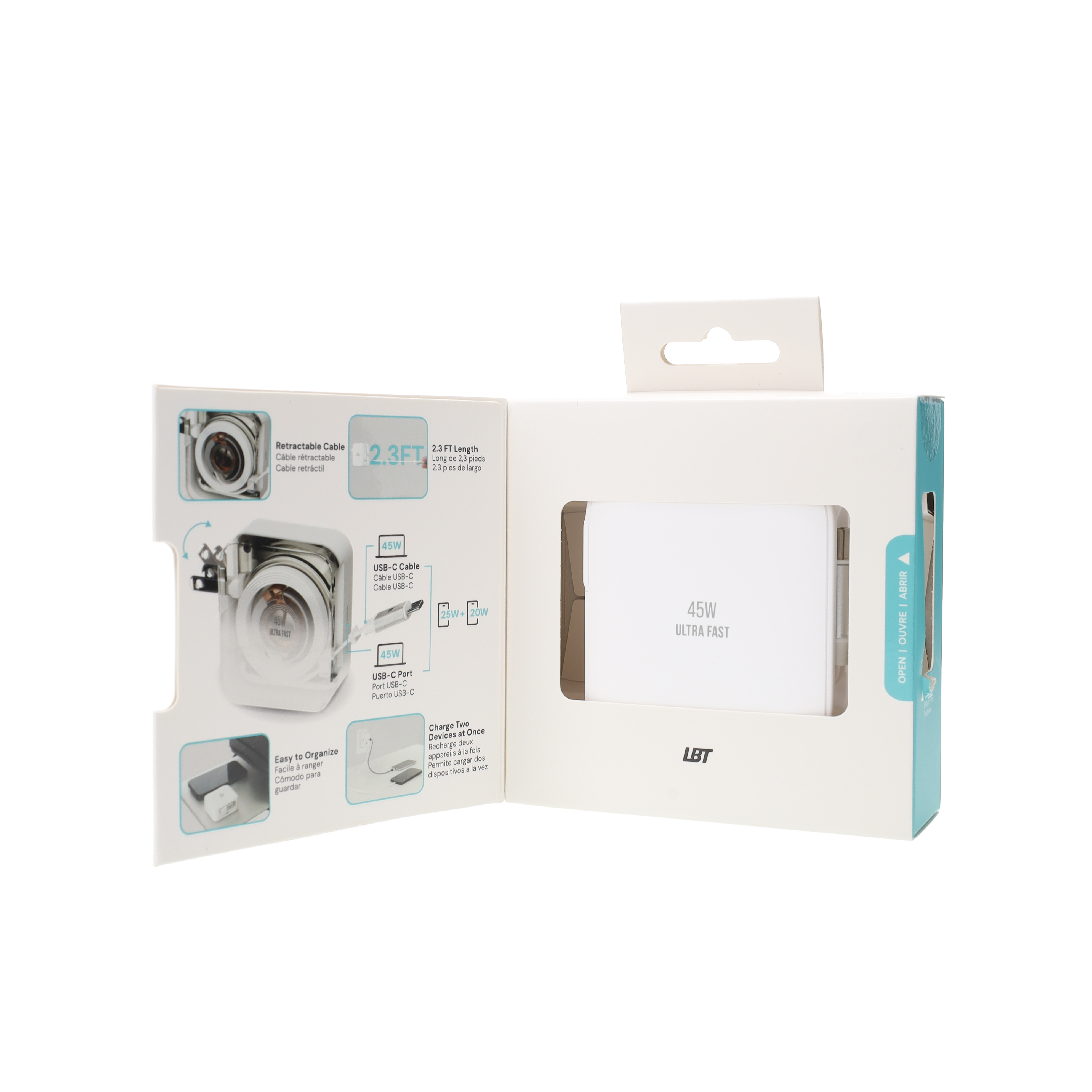 45W Retractable Built-in Cable Charger with Extra Port